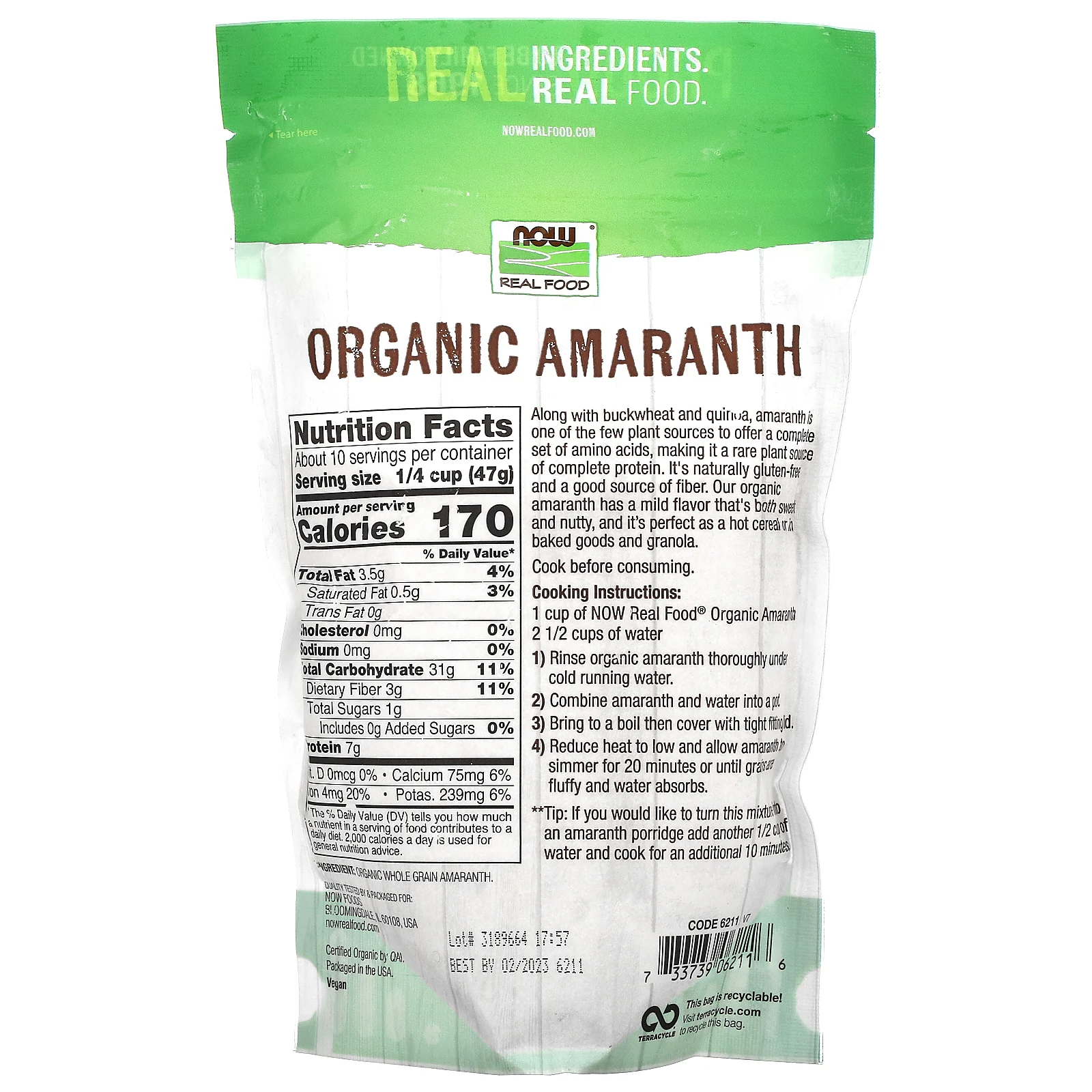 NOW Foods, органический цельнозерновой амарант, 454 г (16 унции)
