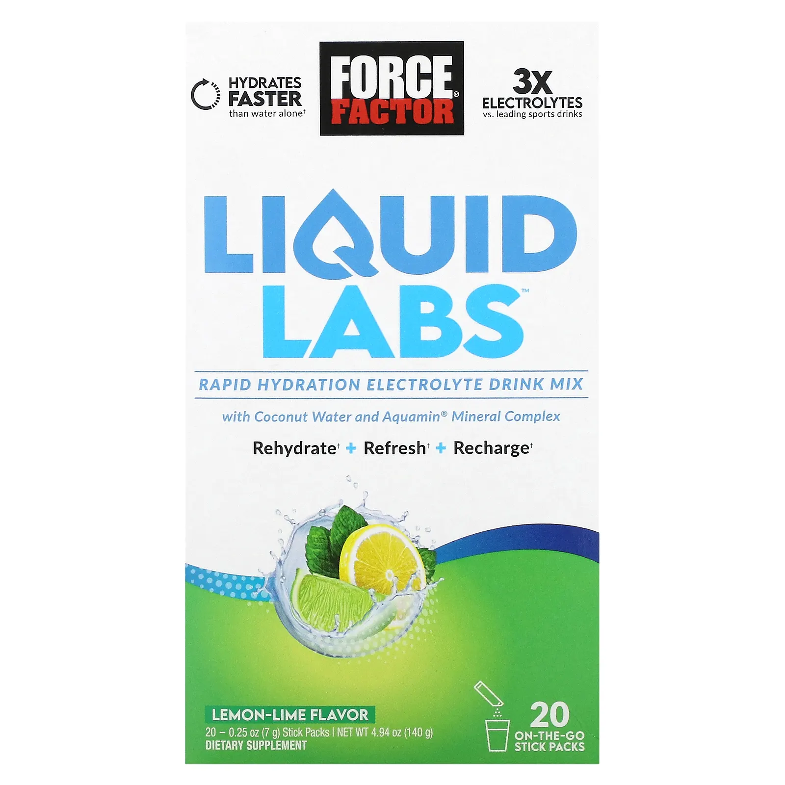Force Factor, Liquid Labs, лимон и лайм, 20 пакетиков по 7 г (0,25 унции)