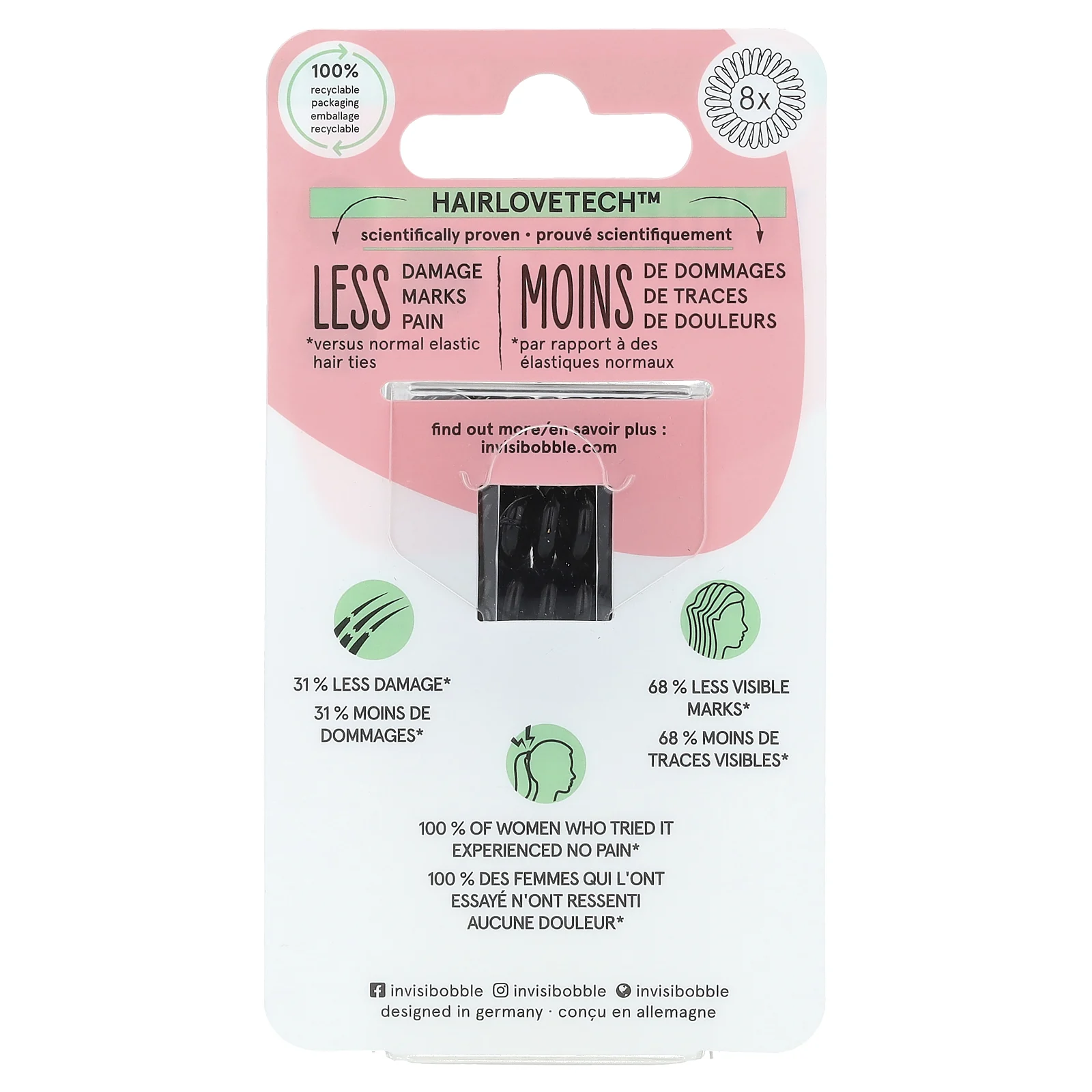 Invisibobble, Original, бесследное кольцо для волос, кристально чистый / черный, 8 шт. / Упк.