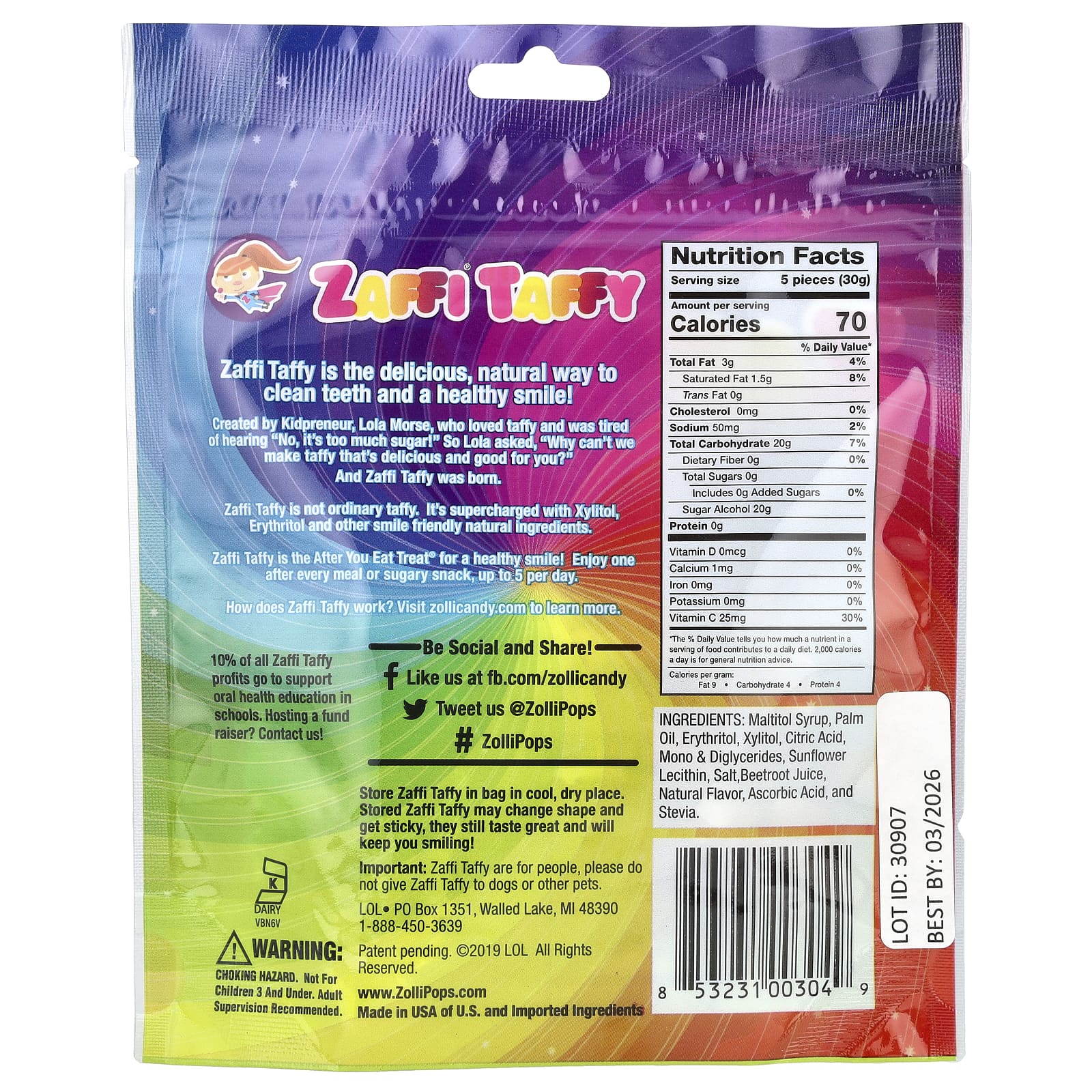 Zollipops, Zaffi Taffy, Clean Teeth Taffy, вкусный фруктовый вкус, 1,6 унции