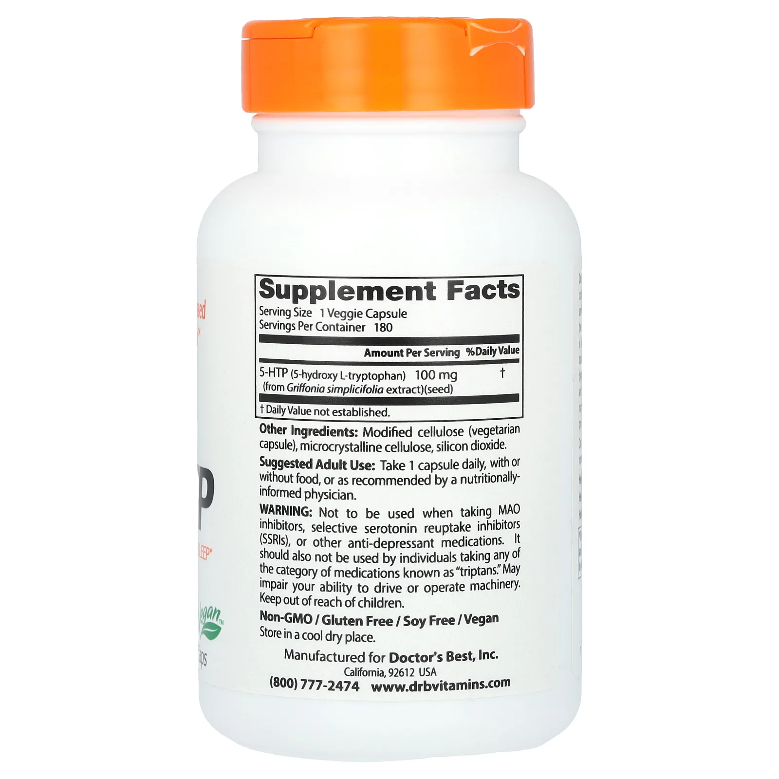 Doctor's Best, 5-гидрокситриптофан, 100 мг, 180 вегетарианских капсул