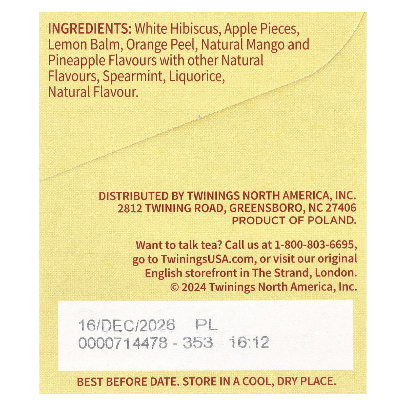 Twinings, Травяной чай, манго и ананас, без кофеина, 20 чайных пакетиков, 48 г (1,69 унции)