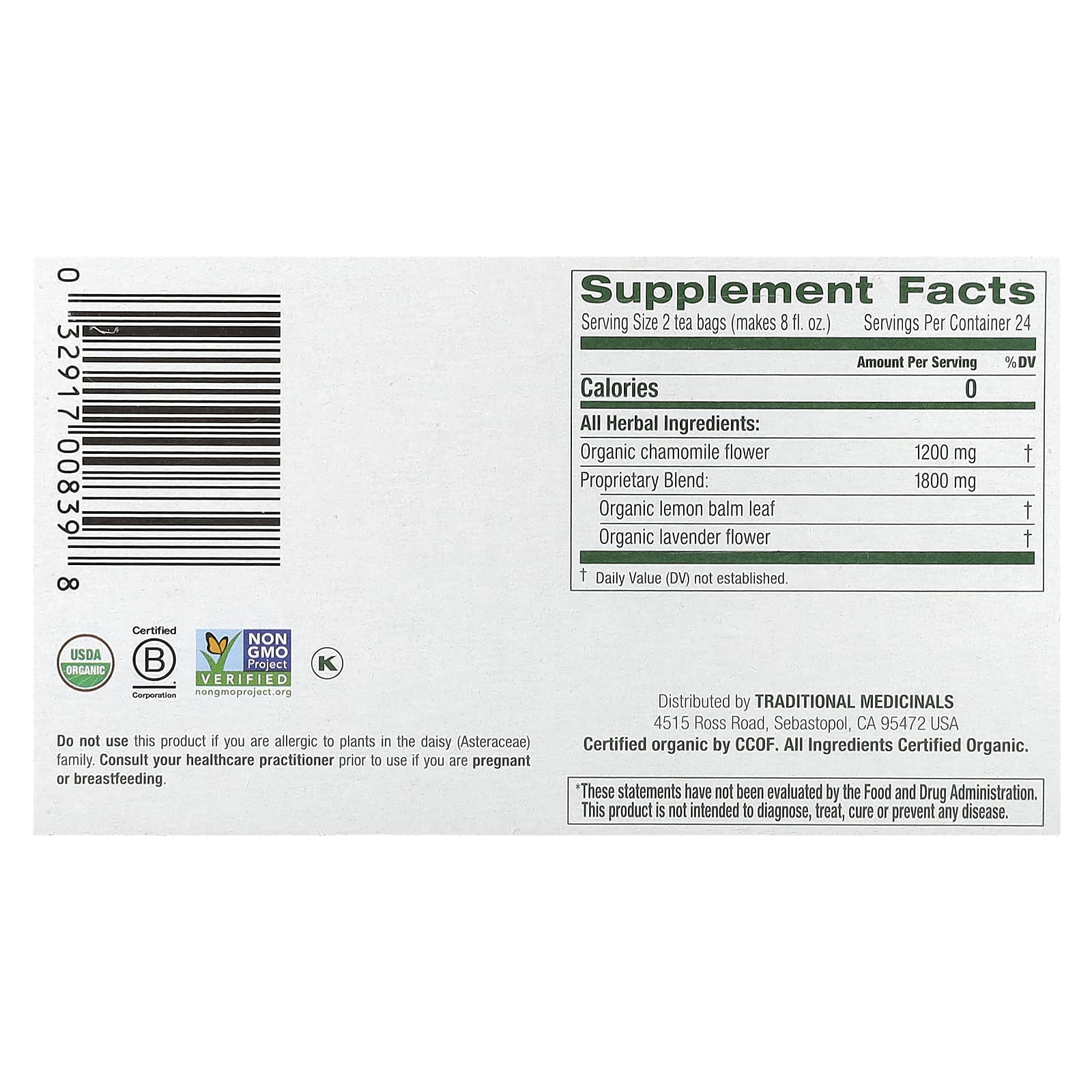 Traditional Medicinals, Herbal Tea, органическая ромашка и лаванда, без кофеина, 48 чайных пакетиков в упаковке, 72 г (2,53 унции)