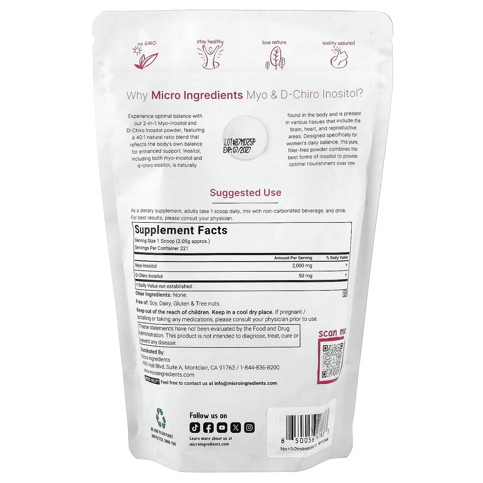 Micro Ingredients, мио- и D-хироинозитол в порошке, 454 г (1 фунт)