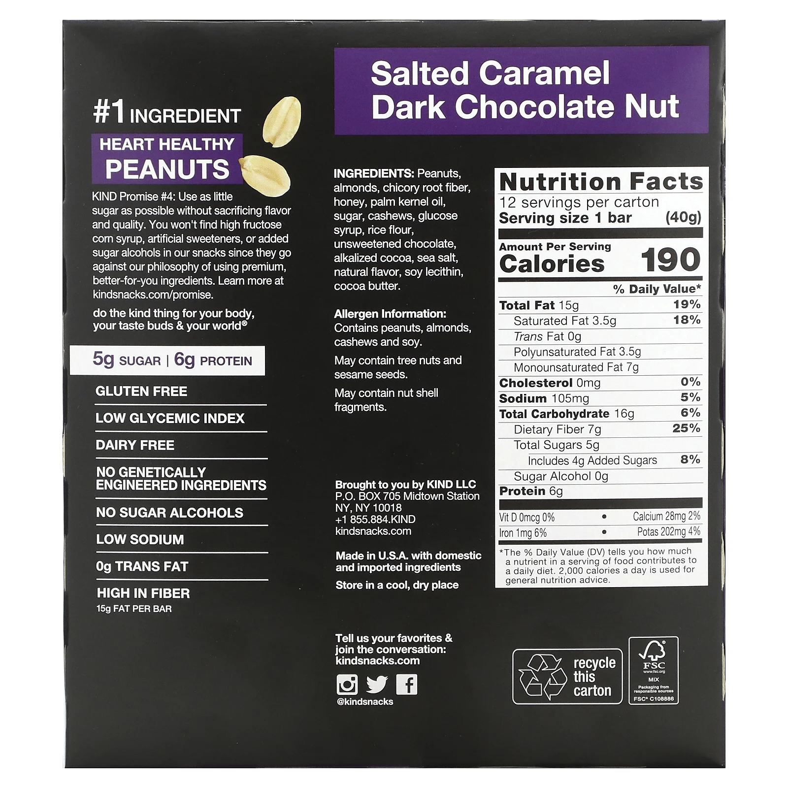 KIND Bars, Nuts & Spices, Соленая карамель и темный шоколад с орехами, 12 батончиков по 1,4 унции (40 г) каждый