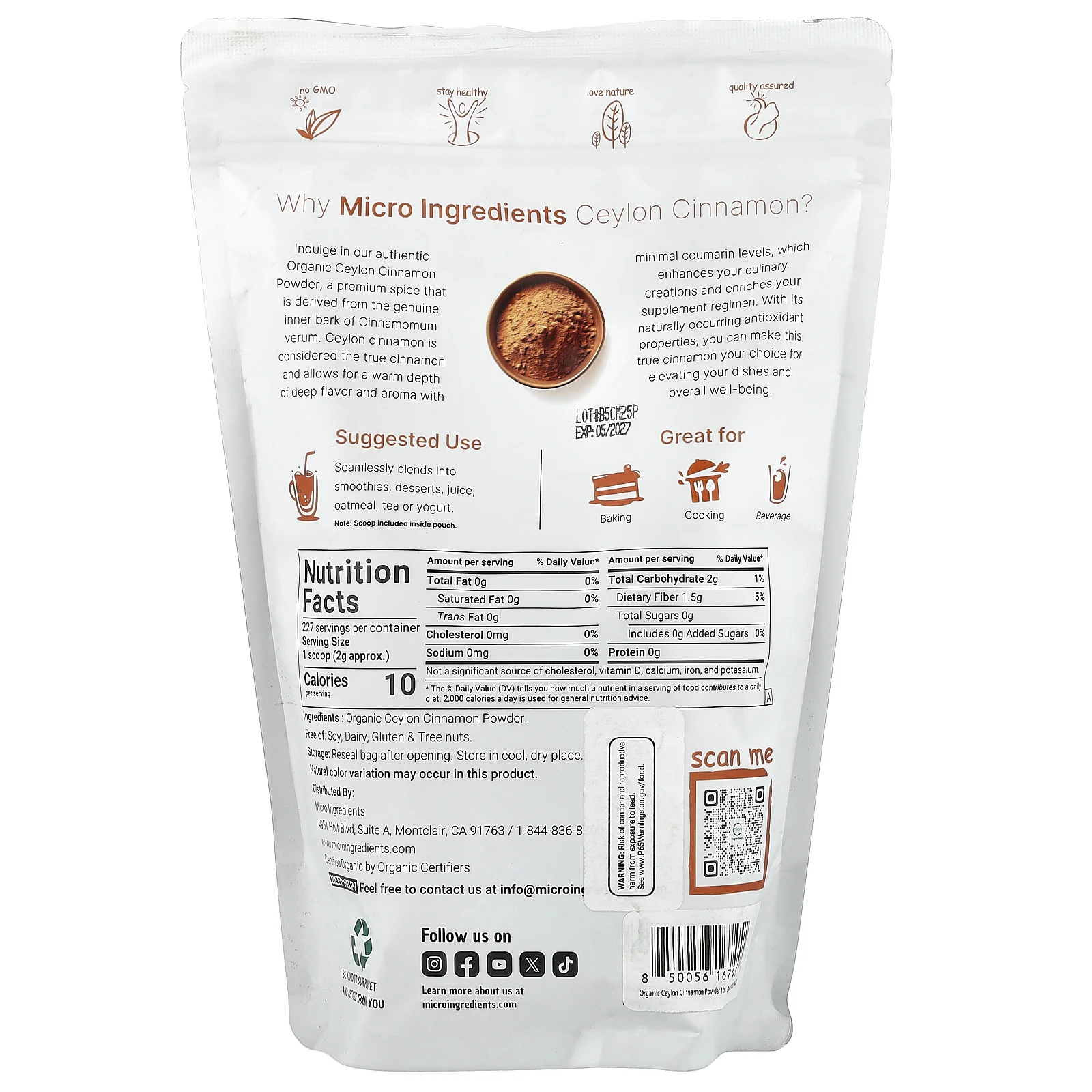 Micro Ingredients, Порошок органической цейлонской корицы, 454 г (1 фунт)