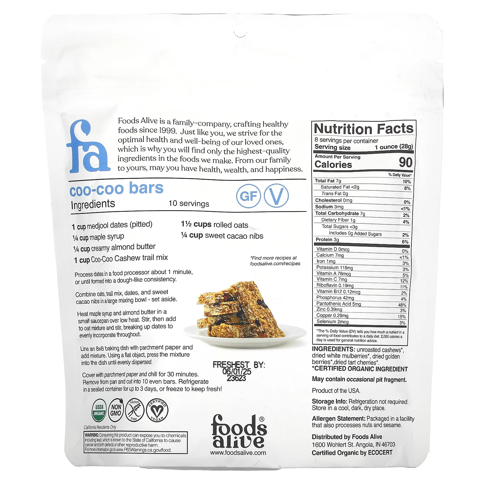 Foods Alive, Organic Trail Mix, Coo, Coo, кешью, 227 г (8 унций)