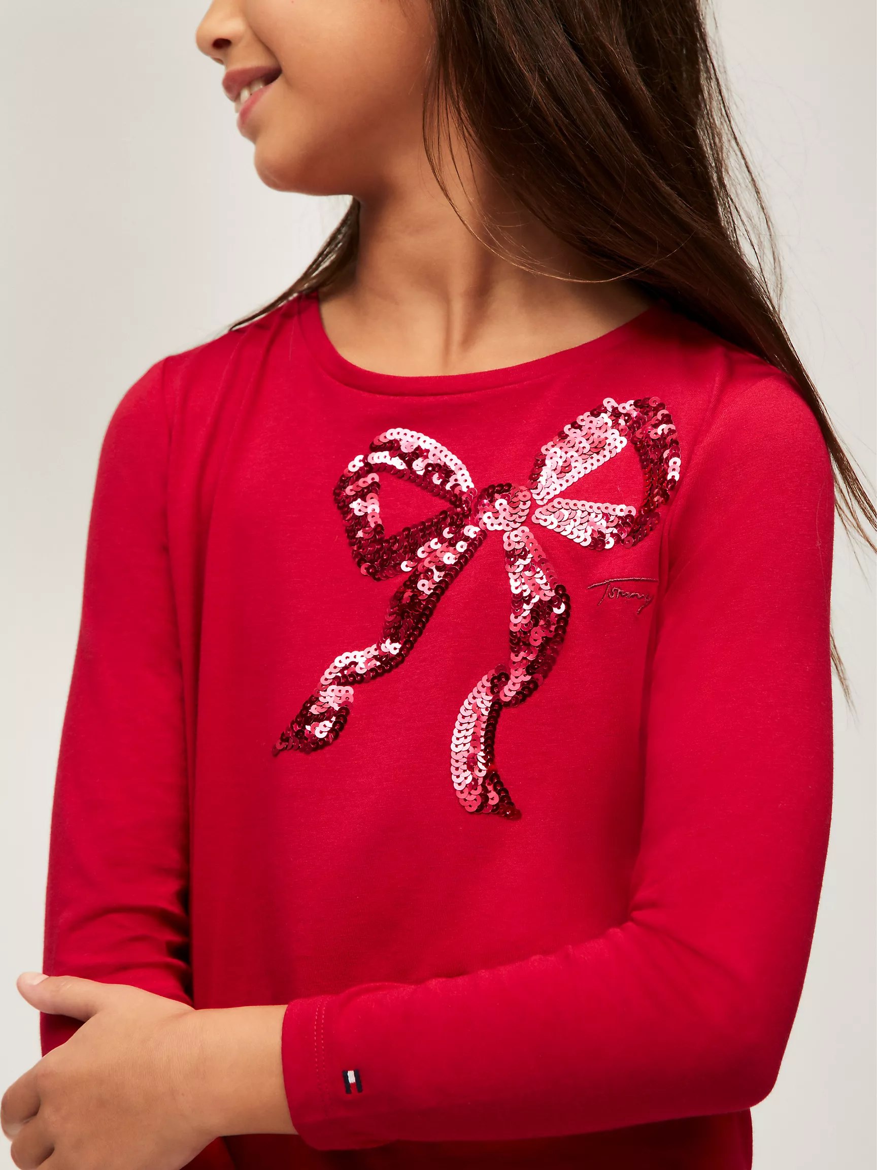 Футболка для девочек Tommy Hilfiger, Детская футболка с длинным рукавом и пайетками в виде банта