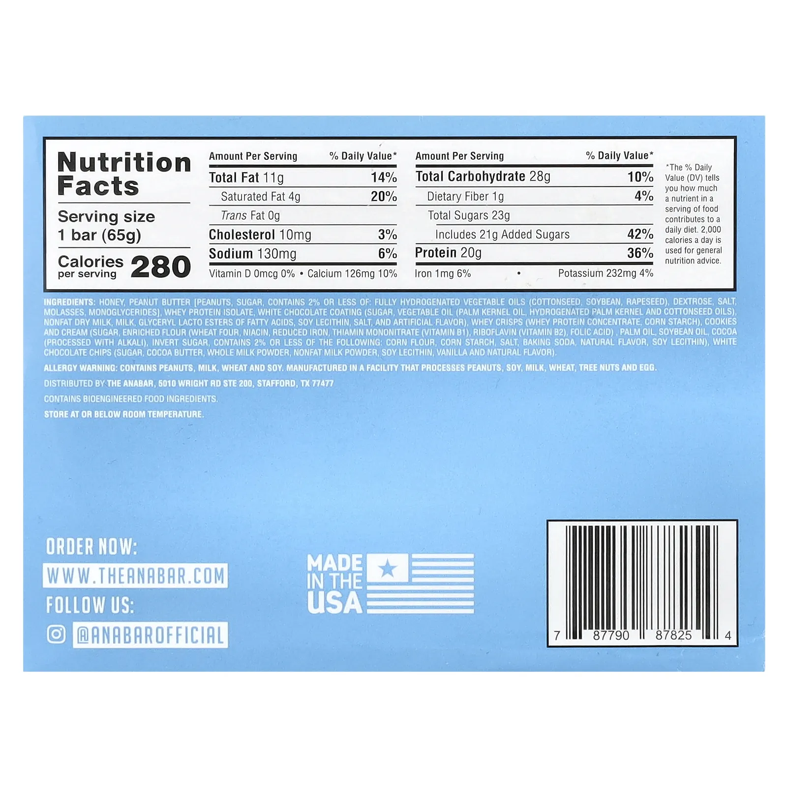 The Anabar, Конфеты с протеином, печенье и сливки из белого шоколада, 12 батончиков, 65 г (2,29 унции)