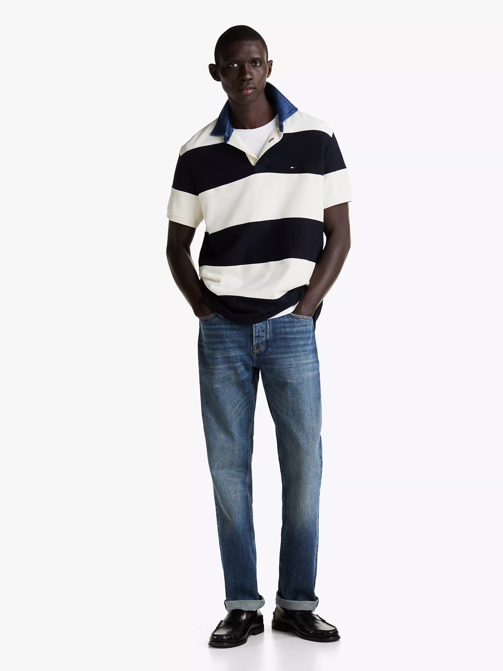 Мужское поло Tommy Hilfiger, Свободное регбийное поло с полосками и джинсовым воротником
