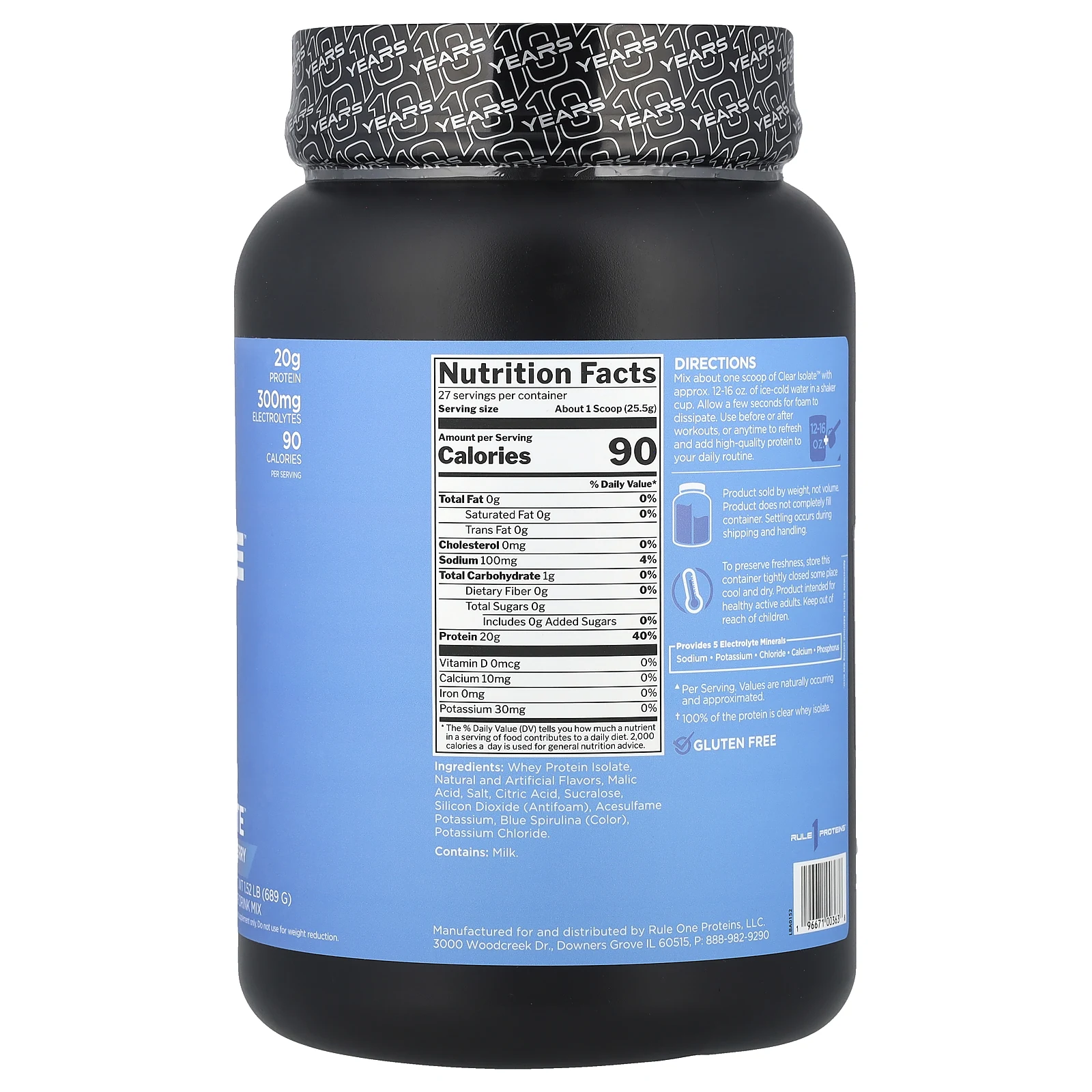 Rule One Proteins, Clear Isolate ™, голубая малина, 689 г (1,52 фунта)