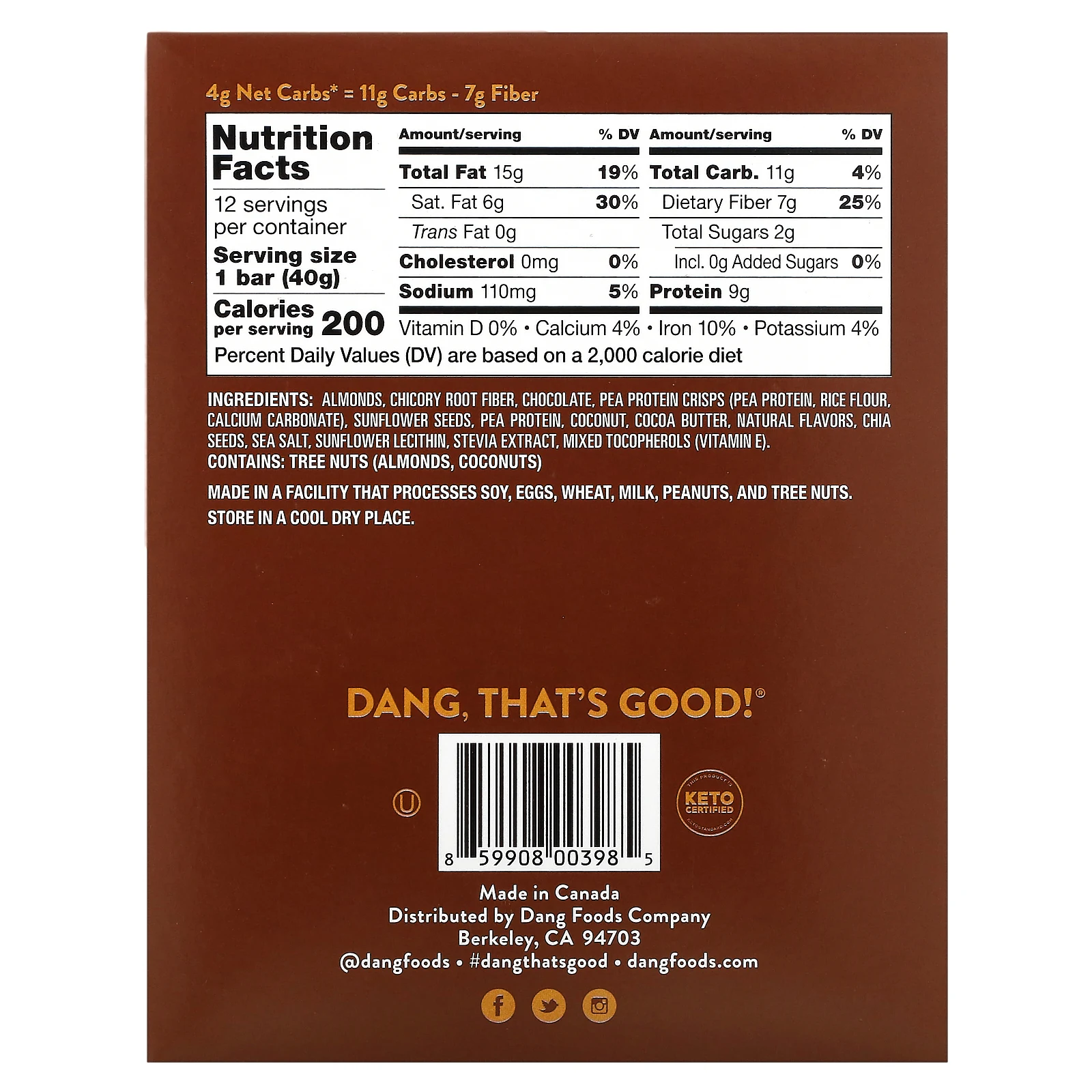 Dang Foods, Keto Bar, невероятно насыщенный шоколад с морской солью, 12 батончиков по 40 г (1,4 унции)