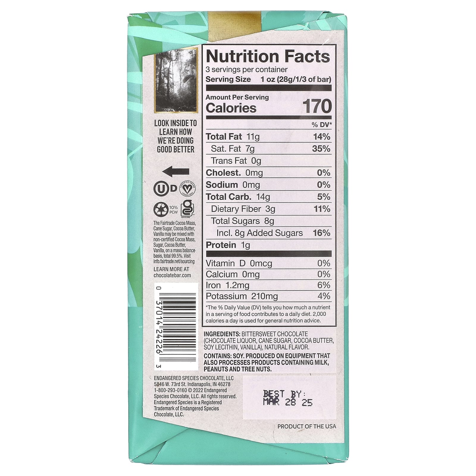 Endangered Species Chocolate, лесная мята + черный шоколад, 72% какао, 85 г (3 унции)