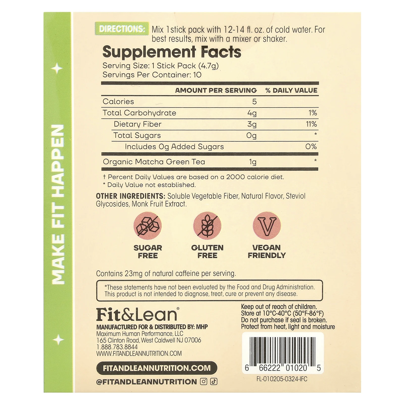 Fit & Lean, Чай со льдом Matcha Amore, персиковый чай, 10 пакетиков в стиках по 4,7 г (0,17 унции)