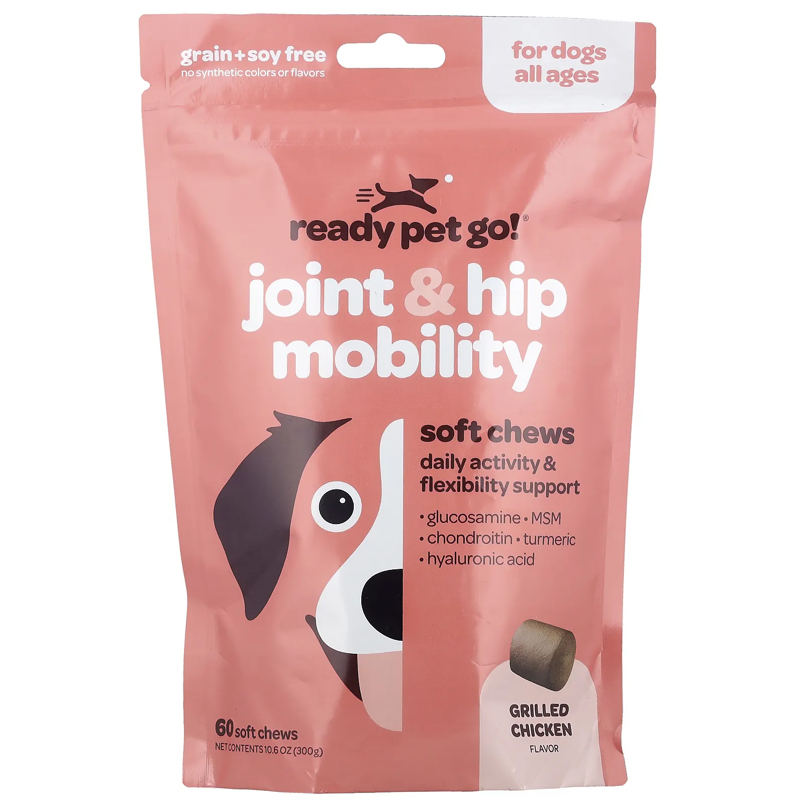 Ready Pet Go, Подвижность суставов и бедер, для собак, для всех возрастов, курица-гриль, 60 жевательных таблеток, 300 г (10,6 унции)