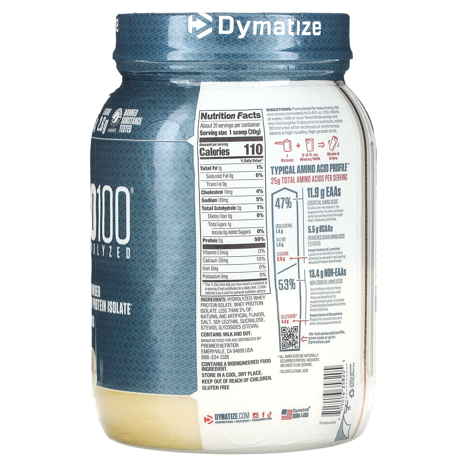 Dymatize, ISO 100, гидролизованный 100% изолят сывороточного протеина, ванильный вкус, 610 г (1,34 фунта)