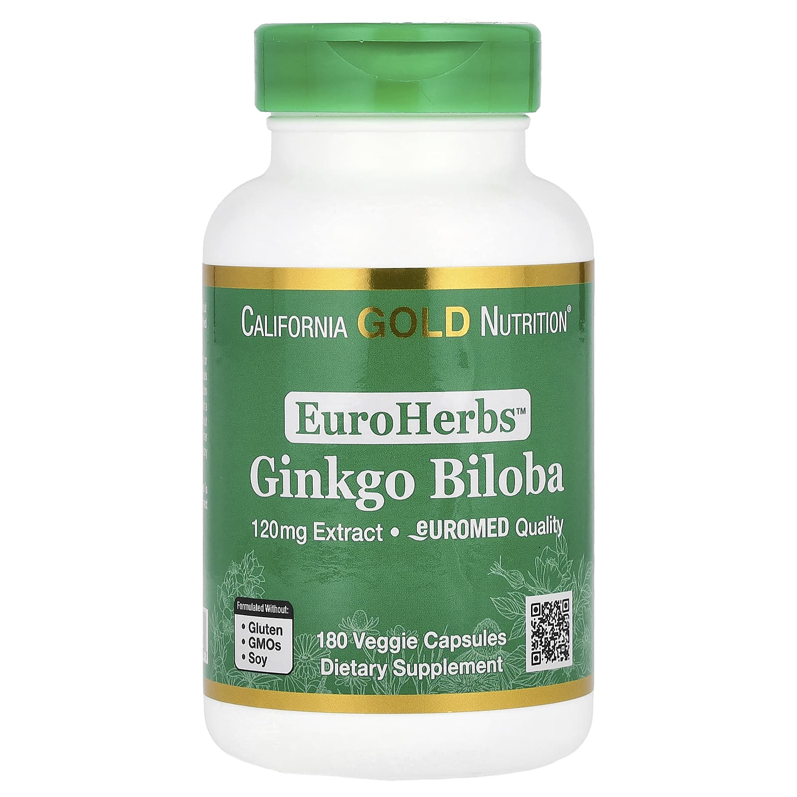 California Gold Nutrition, EuroHerbs™, экстракт гинкго билоба, качество Euromed, 120 мг, 180 растительных капсул