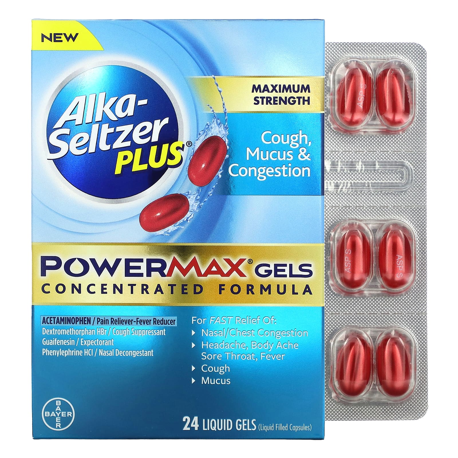 Alka-Seltzer Plus, Гели от кашля, слизи и заложенности носа PowerMax, максимальная эффективность, 24 жидких геля