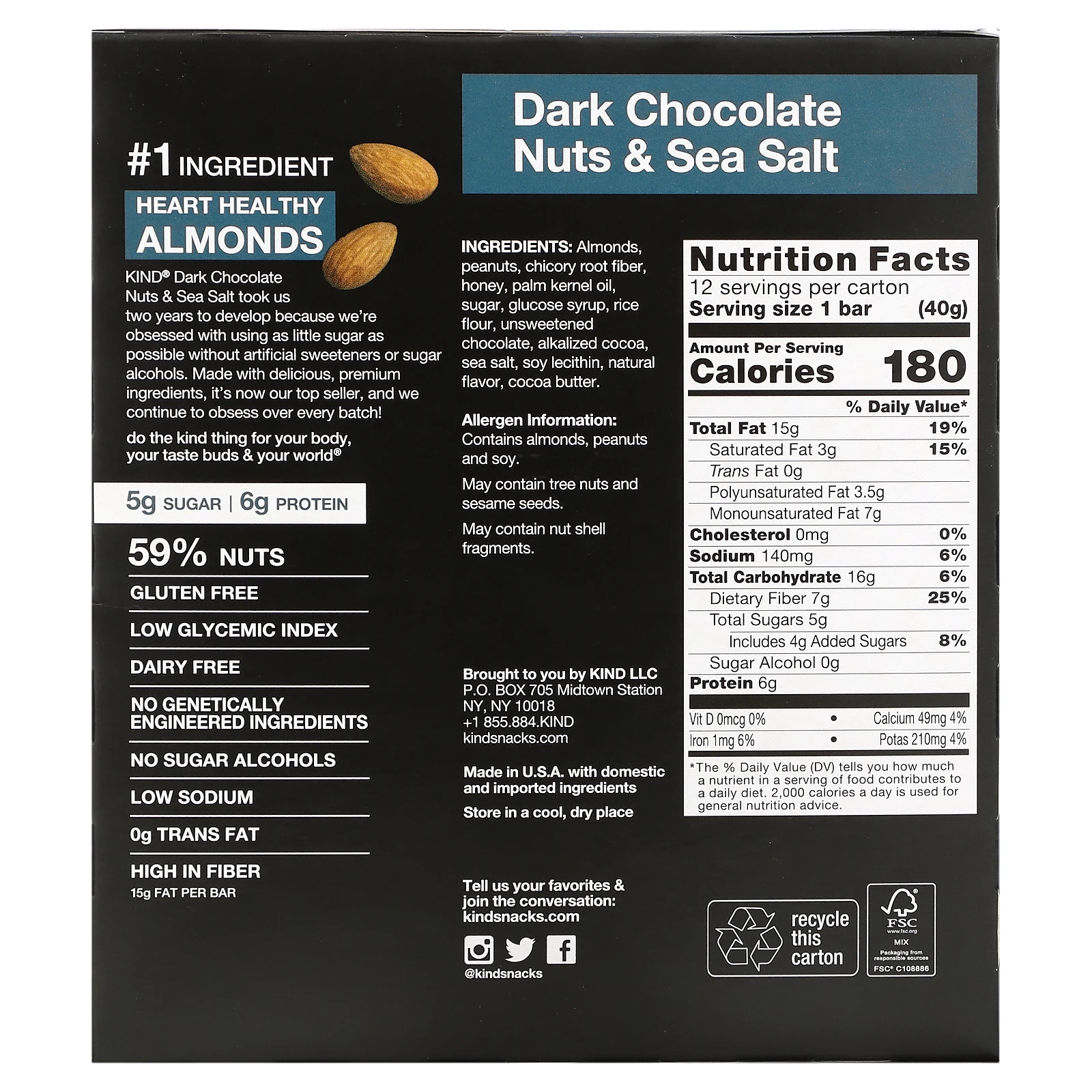 KIND Bars, Nuts & Spices, батончики из темного шоколада с орехами и морской солью, 12 батончиков по 40 г