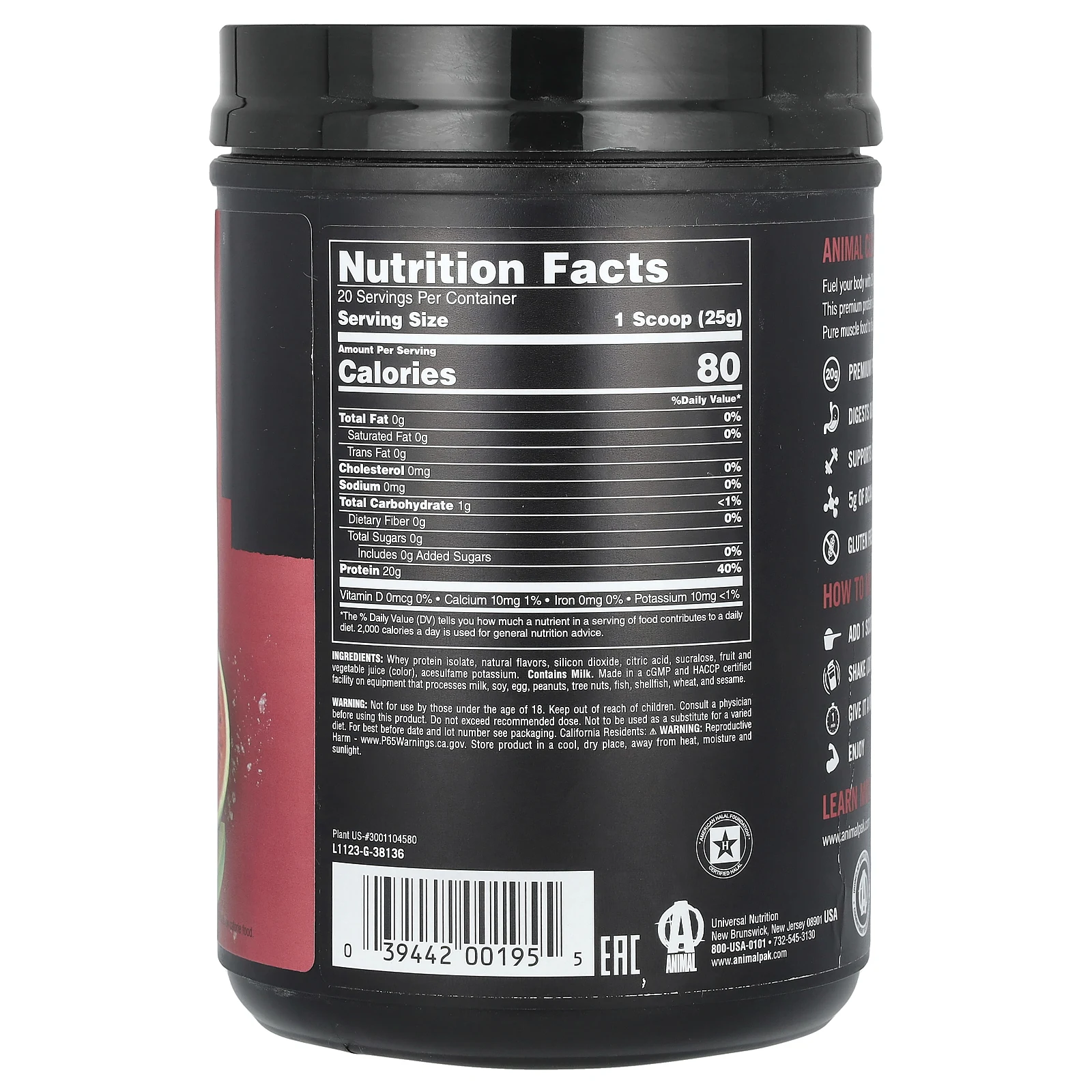 Animal, прозрачный сывороточный изолят, со вкусом арбузного лаймада, 500 г (1,1 фунта)