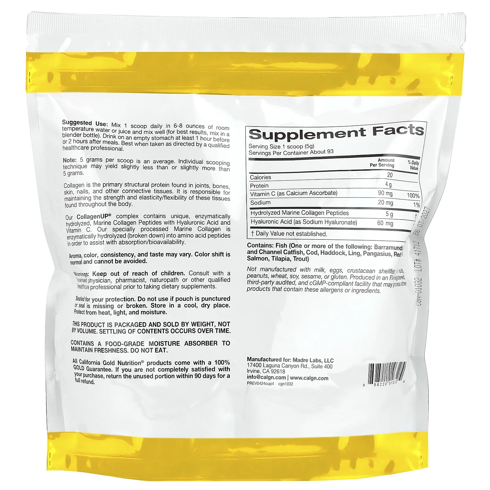 California Gold Nutrition, CollagenUP, гидролизованные пептиды морского коллагена с гиалуроновой кислотой и витамином C, с нейтральным вкусом, 464 г (16,37 унции)