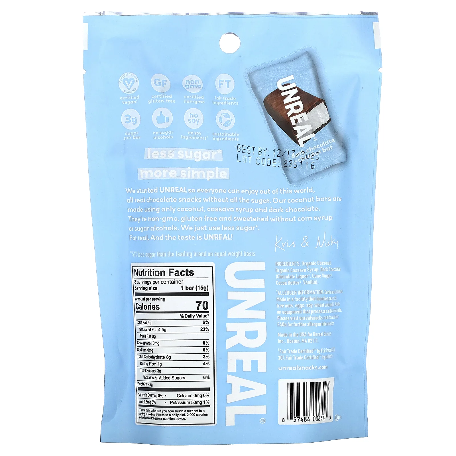 Unreal, Кокосовые батончики из темного шоколада, 120 г (4,2 унции)