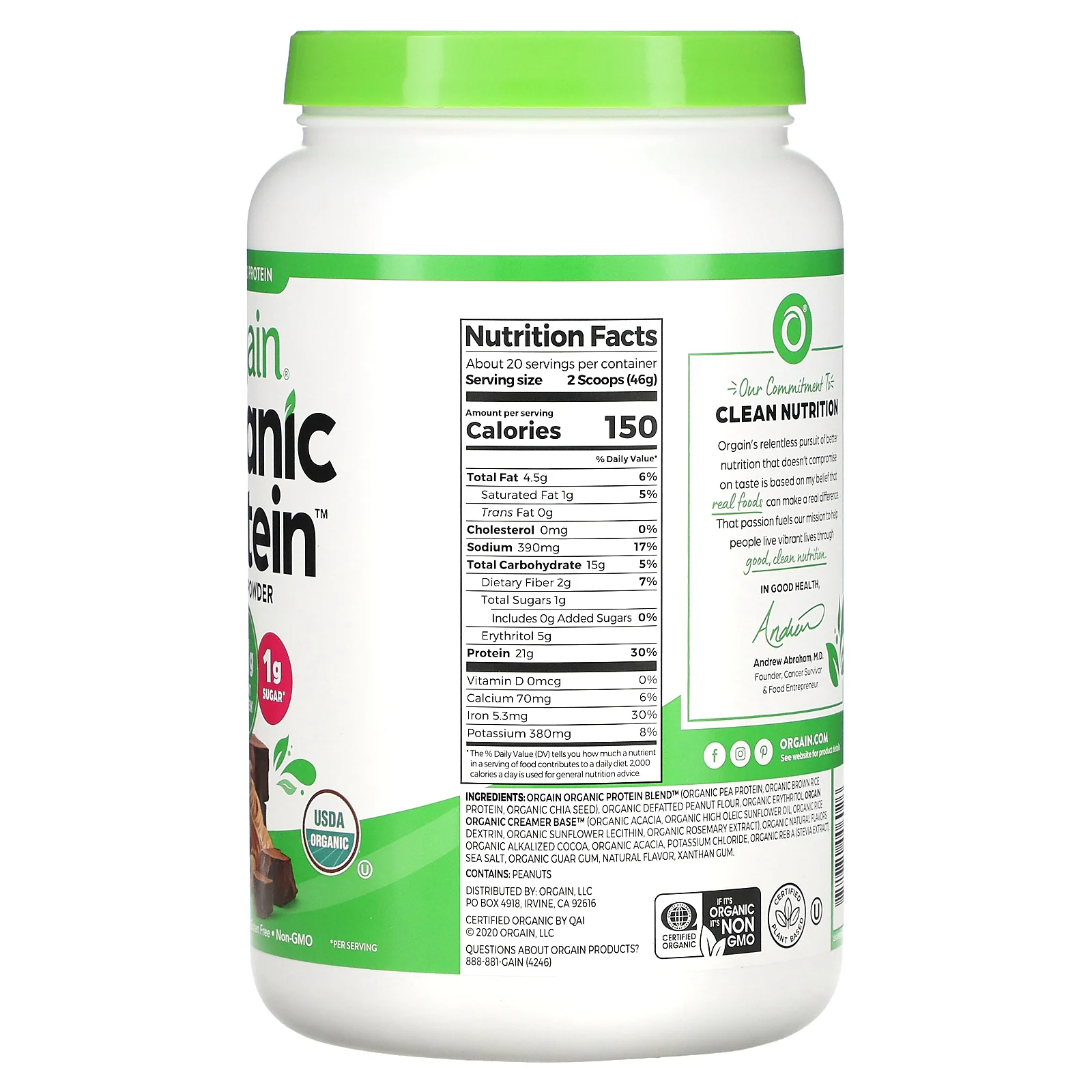 Orgain, Органический протеиновый порошок, растительная, с шоколадным и арахисовым маслом, 920 г (2,03 фунта)