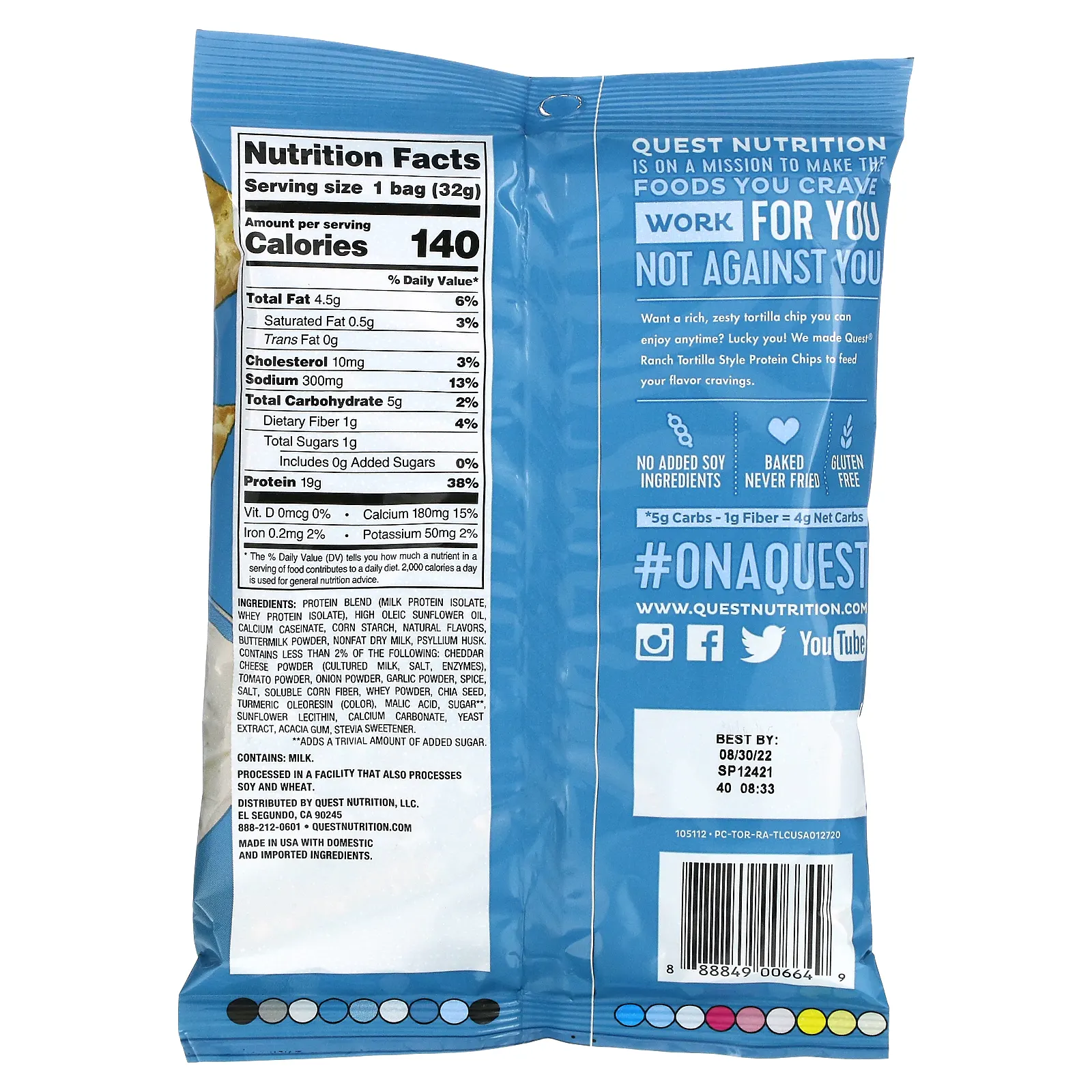 Quest Nutrition, протеиновые чипсы в стиле тортильи, вкус сыра, фермерский вкус, 12 пакетиков, 32 г (1,1 унции)