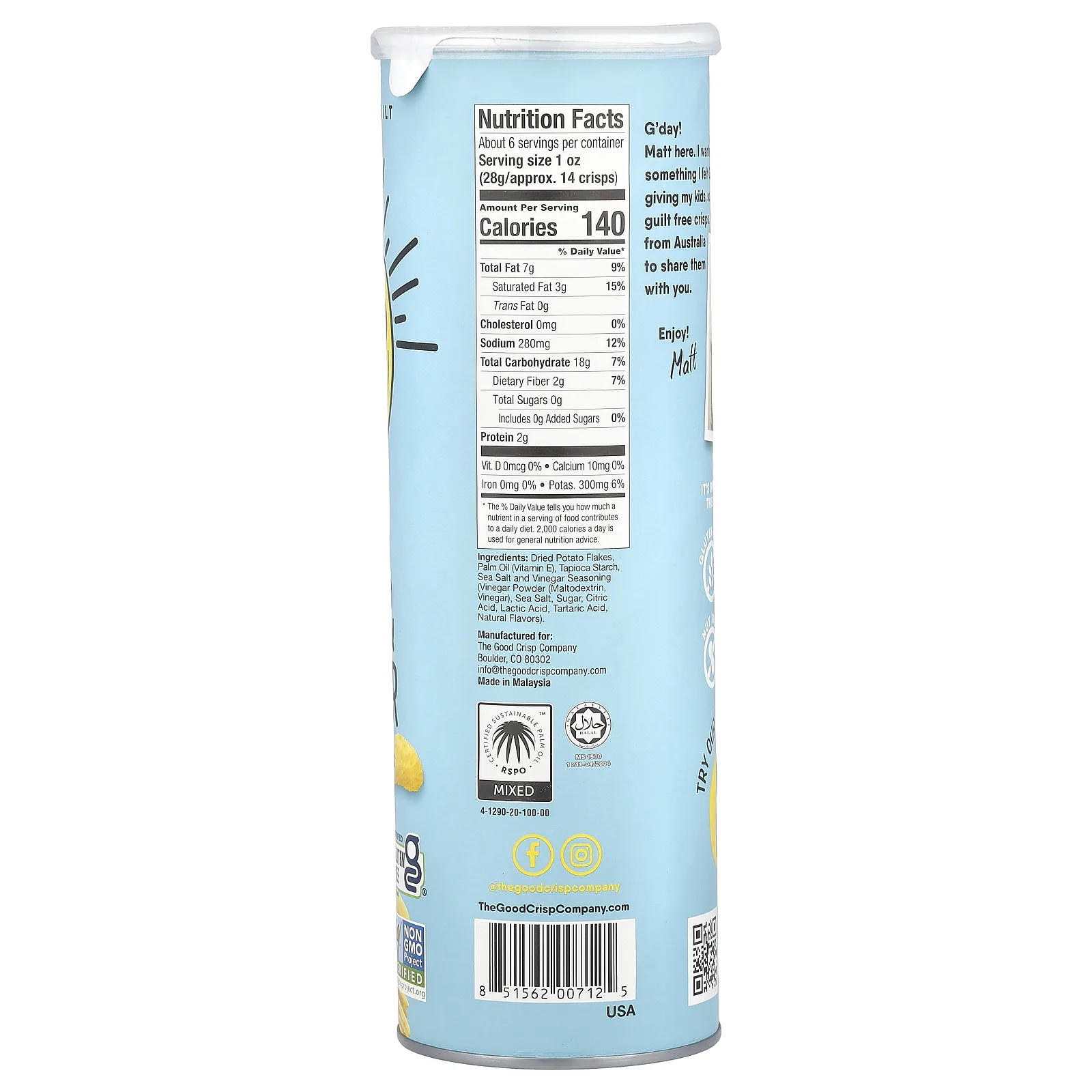 The Good Crisp Company, Картофельные чипсы, морская соль и уксус, 160 г (5,6 унции)