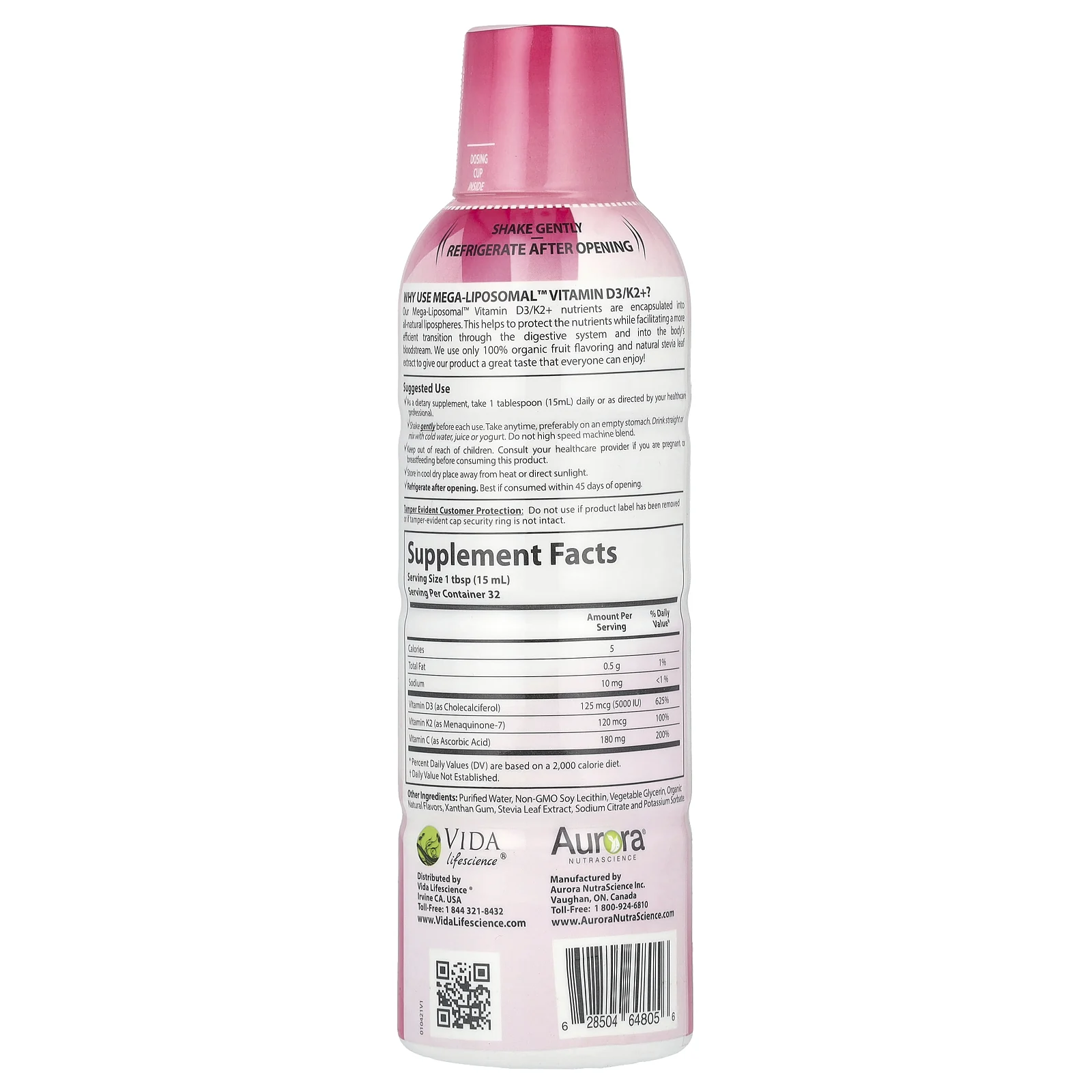 Aurora Nutrascience, Mega-Liposomal Vitamin D3+, витамин D3, органический фруктовый вкус, 9000 МЕ, 480 мл (16 жидк. унций)