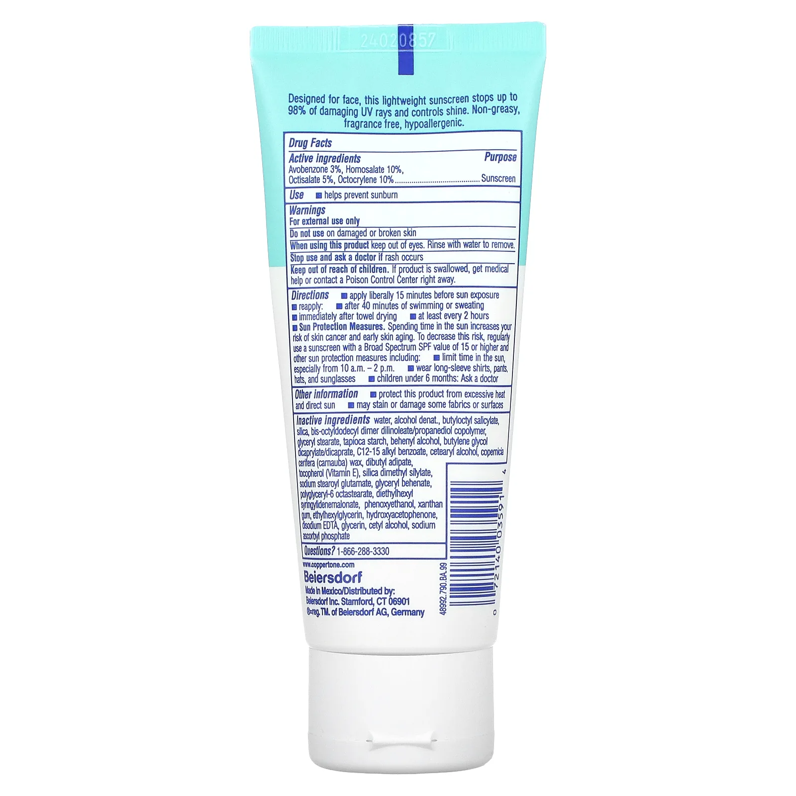 Coppertone, Солнцезащитный лосьон, без масла и контроля блеска, для лица, SPF 45, 74 мл (2,5 жидк. Унции)