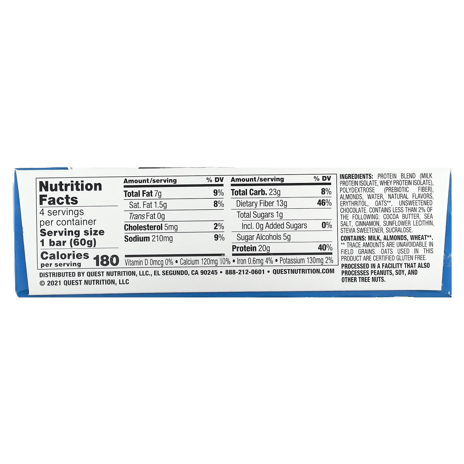 Quest Nutrition, Протеиновый батончик, овсянка и шоколадная крошка, 4 батончика по 60 г (2,12 унции)