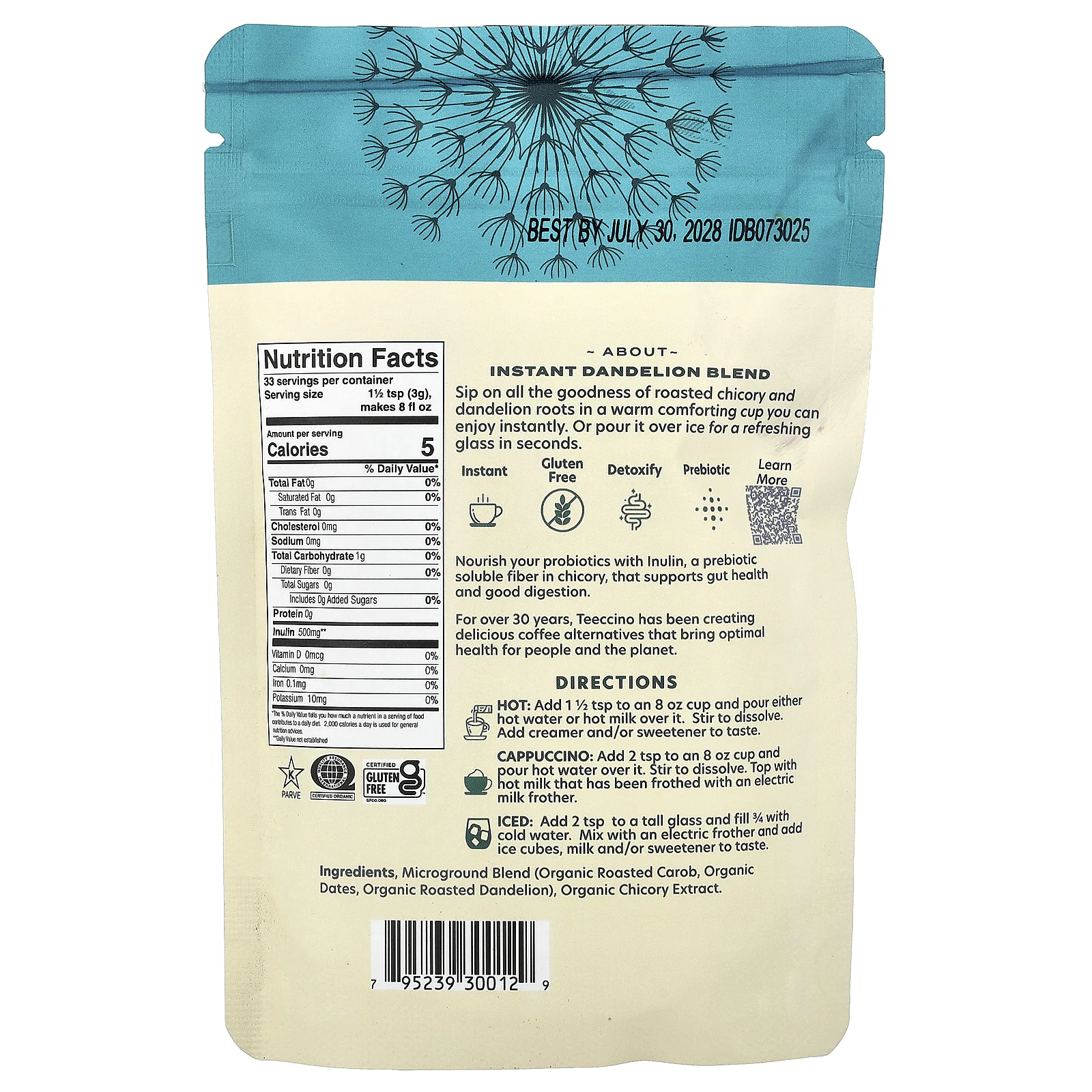 Teeccino, растворимый травяной кофе, смесь из одуванчиков, без кофеина, 100 г (3,53 унции)