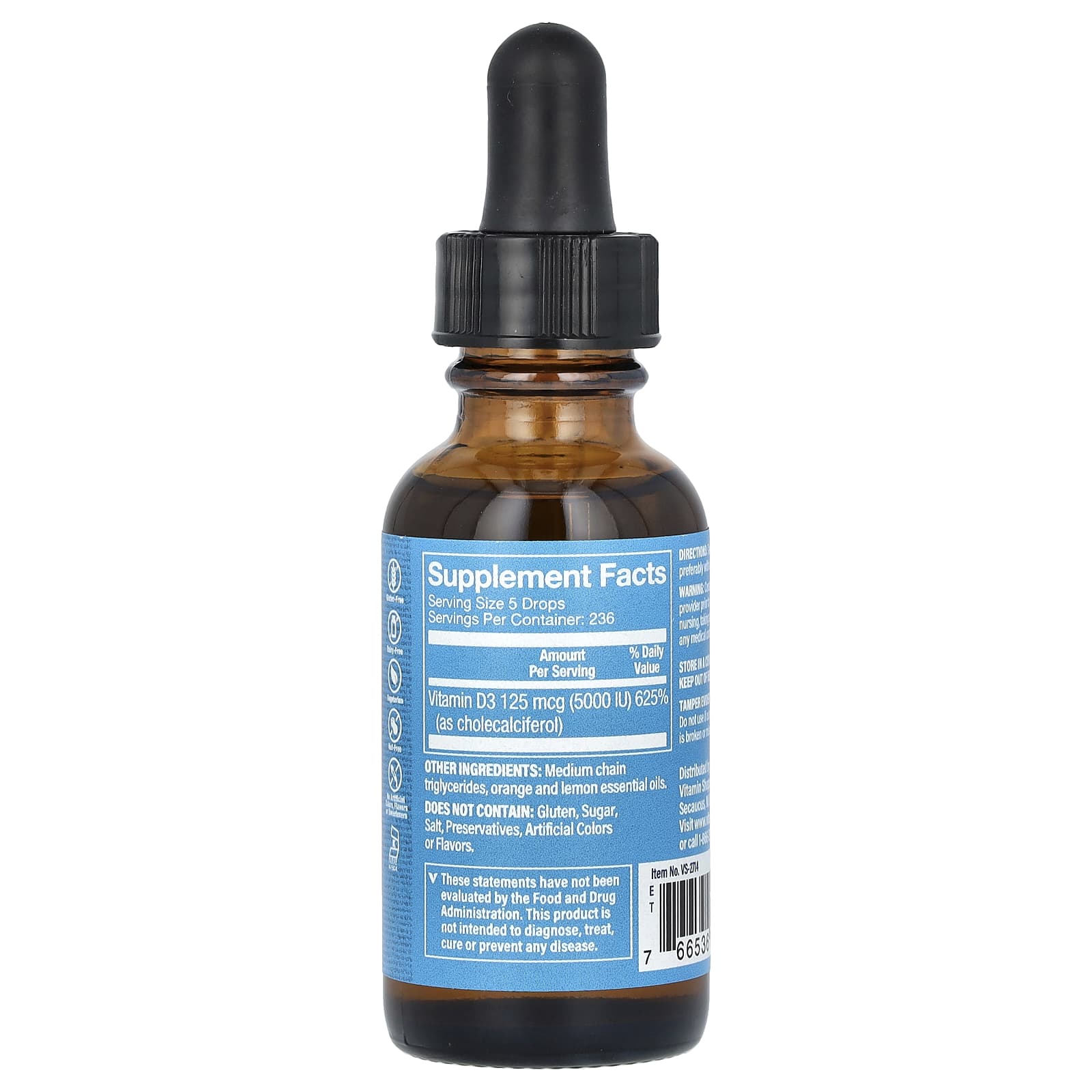 The Vitamin Shoppe, жидкий витамин D3, с цитрусовыми, 125 мкг (5000 МЕ), 30 мл (1 жидк. унция)