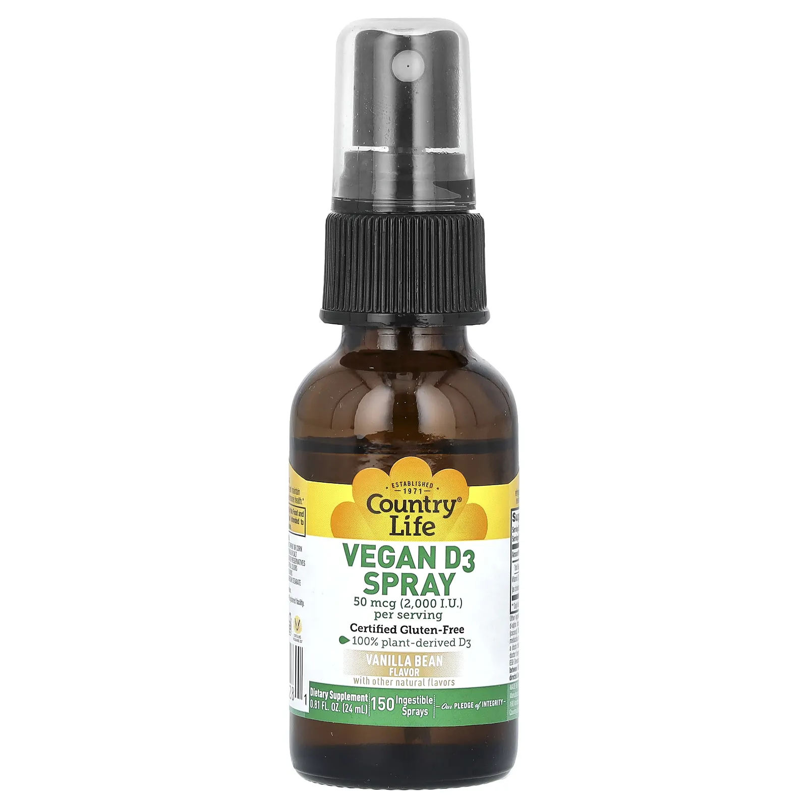 Country Life, Спрей с витамином D3, ванильные стручки, 50 мкг (2000 МЕ), 150 нажатий спрея для перорального приема, 24 мл (0,81 жидк. унции)