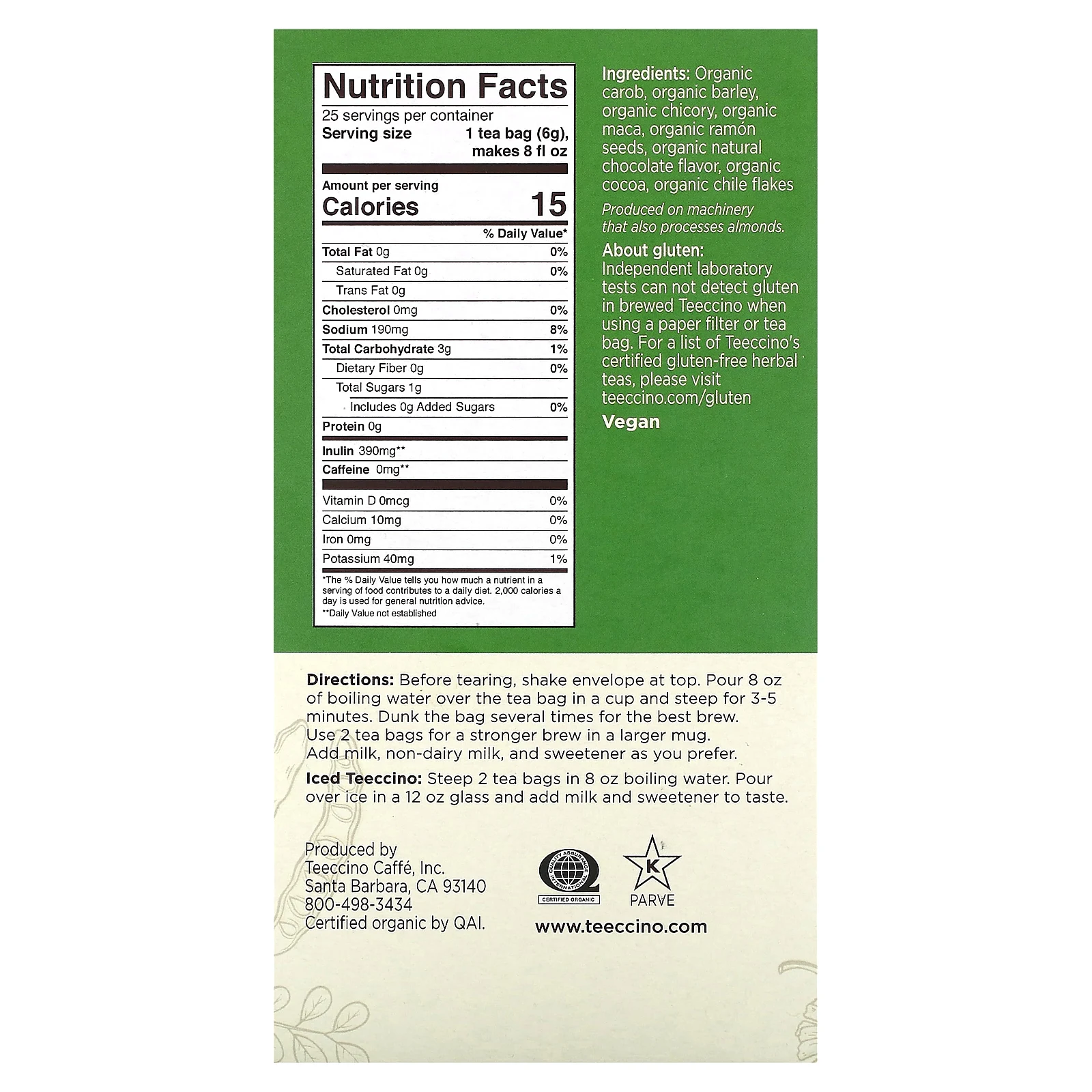 Teeccino, Органический жареный травяной чай, шоколад с мака, без кофеина, 25 чайных пакетиков, 150 г (5,3 унции)