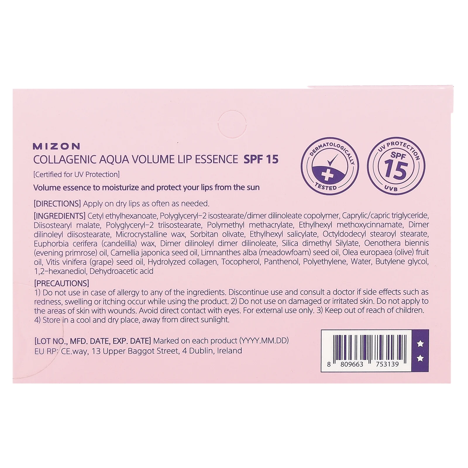 Mizon, Collagenic Aqua Volume, эссенция для губ, SPF 15, 10 мл (0,33 жидк. унции)