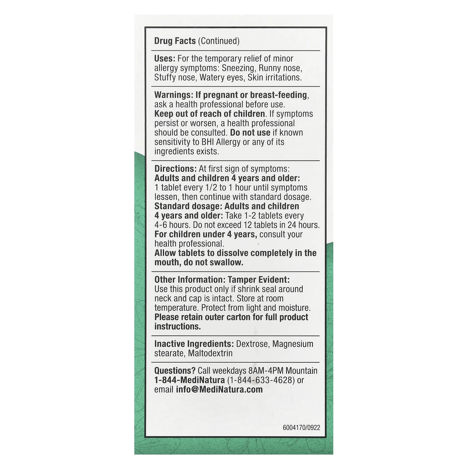 MediNatura, BHI, средство для облегчения аллергии, 100 таблеток