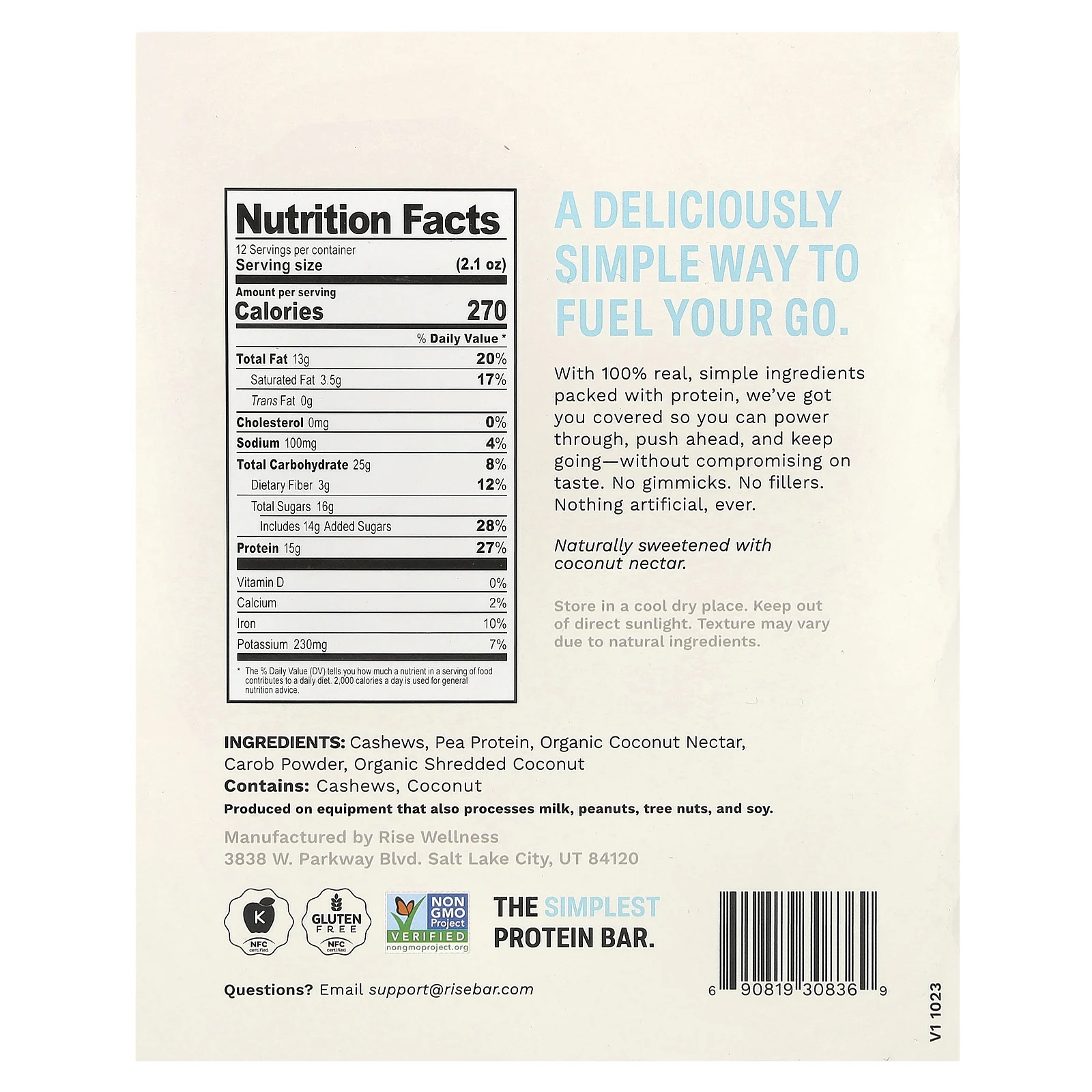 Rise Bar, The Simplest Protein Bar, протеиновый батончик, шоколадно-кокосовый вкус, 12 батончиков по 60 г (2,1 унции)