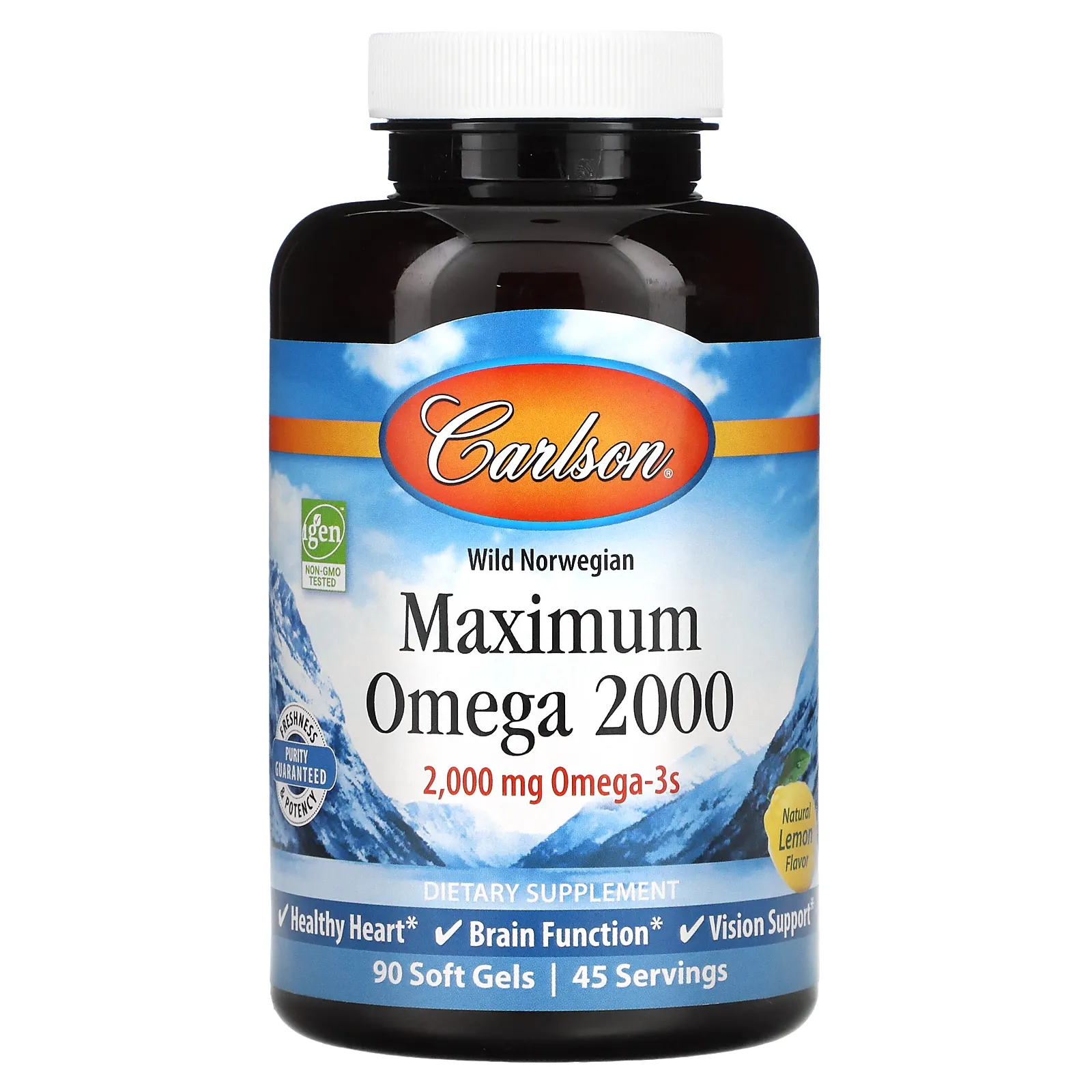 Carlson, Maximum Omega 2000, омега-3 кислоты из норвежской рыбы дикого улова, с натуральным лимонным вкусом, 2000 мг, 90 капсул (1000 мг в 1 капсуле)