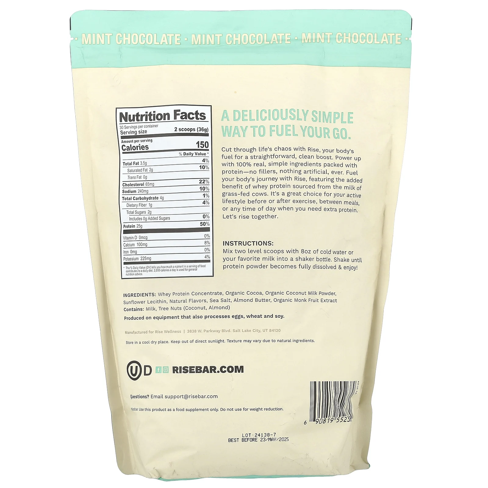 Rise Bar, Порошок из сывороточного протеина, мятный шоколад, 1,1 кг (2,4 фунта)
