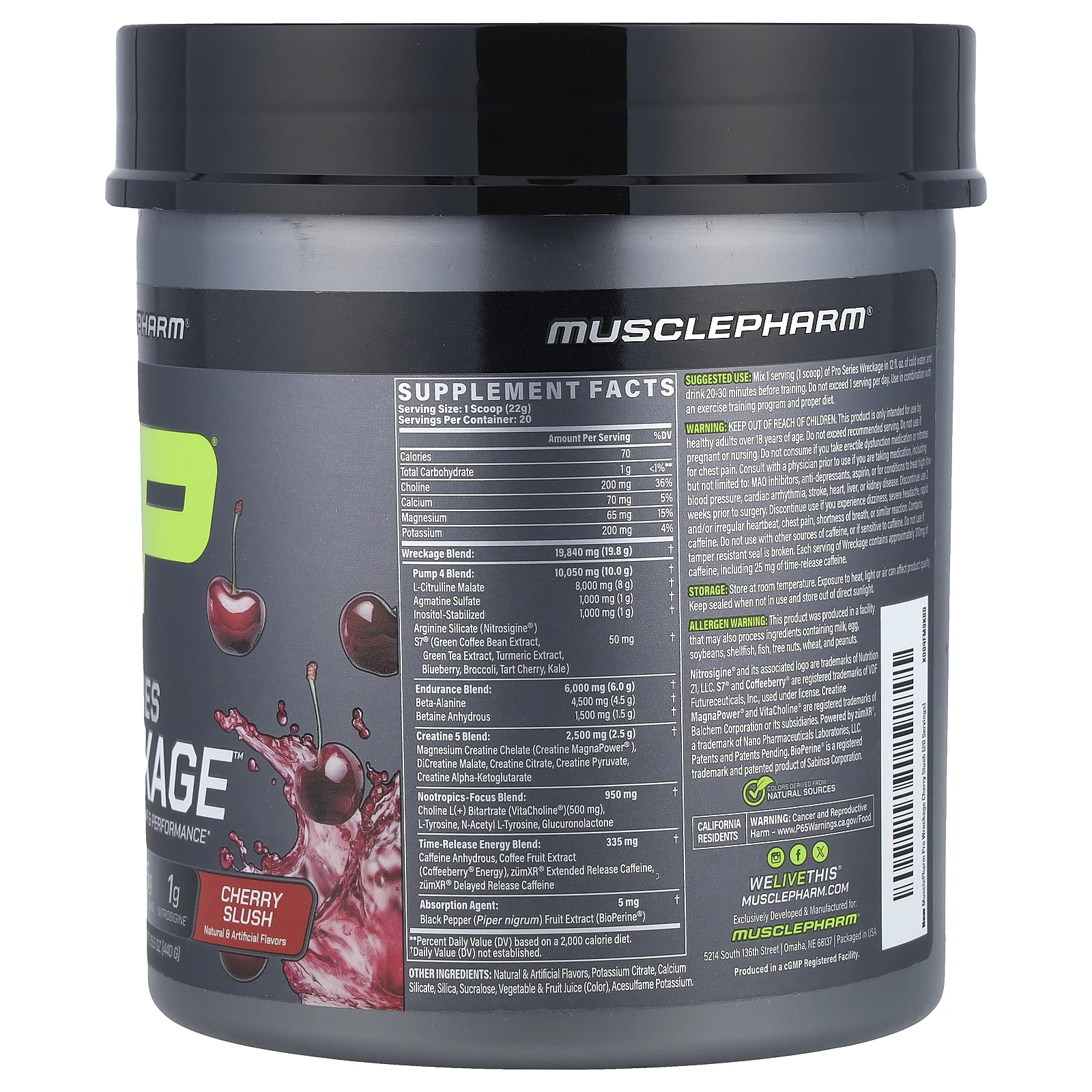 MusclePharm, Pro Series Wreckage™, предтренировочный комплекс, со вкусом вишни, 440 г (15,5 унции)