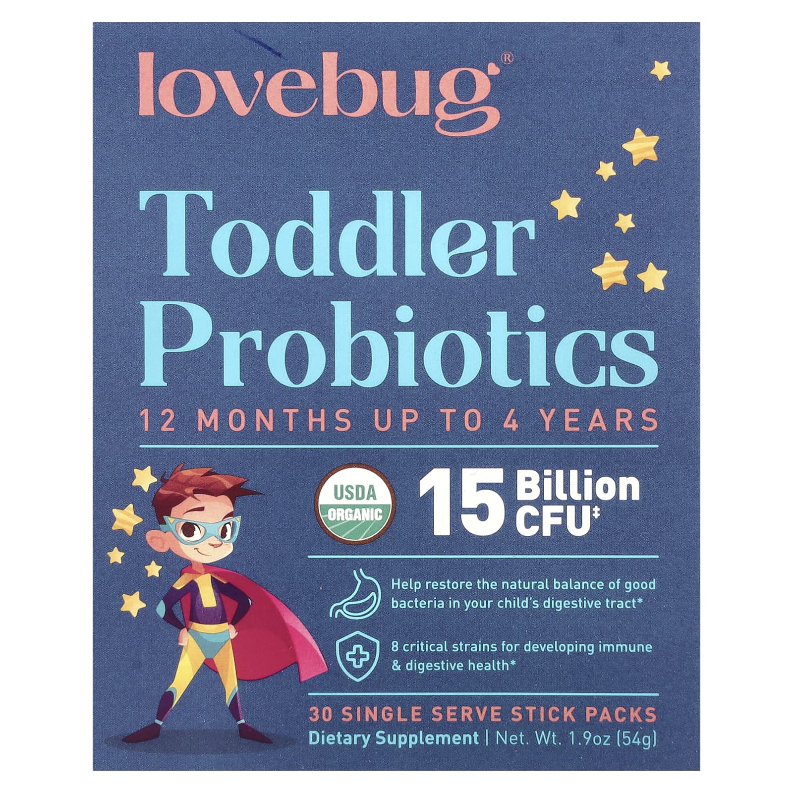 LoveBug Probiotics, пробиотики для детей в возрасте от 12 месяцев до 4 лет, 15 млрд КОЕ, 30 пакетиков по 1,8 г (0,06 унции)