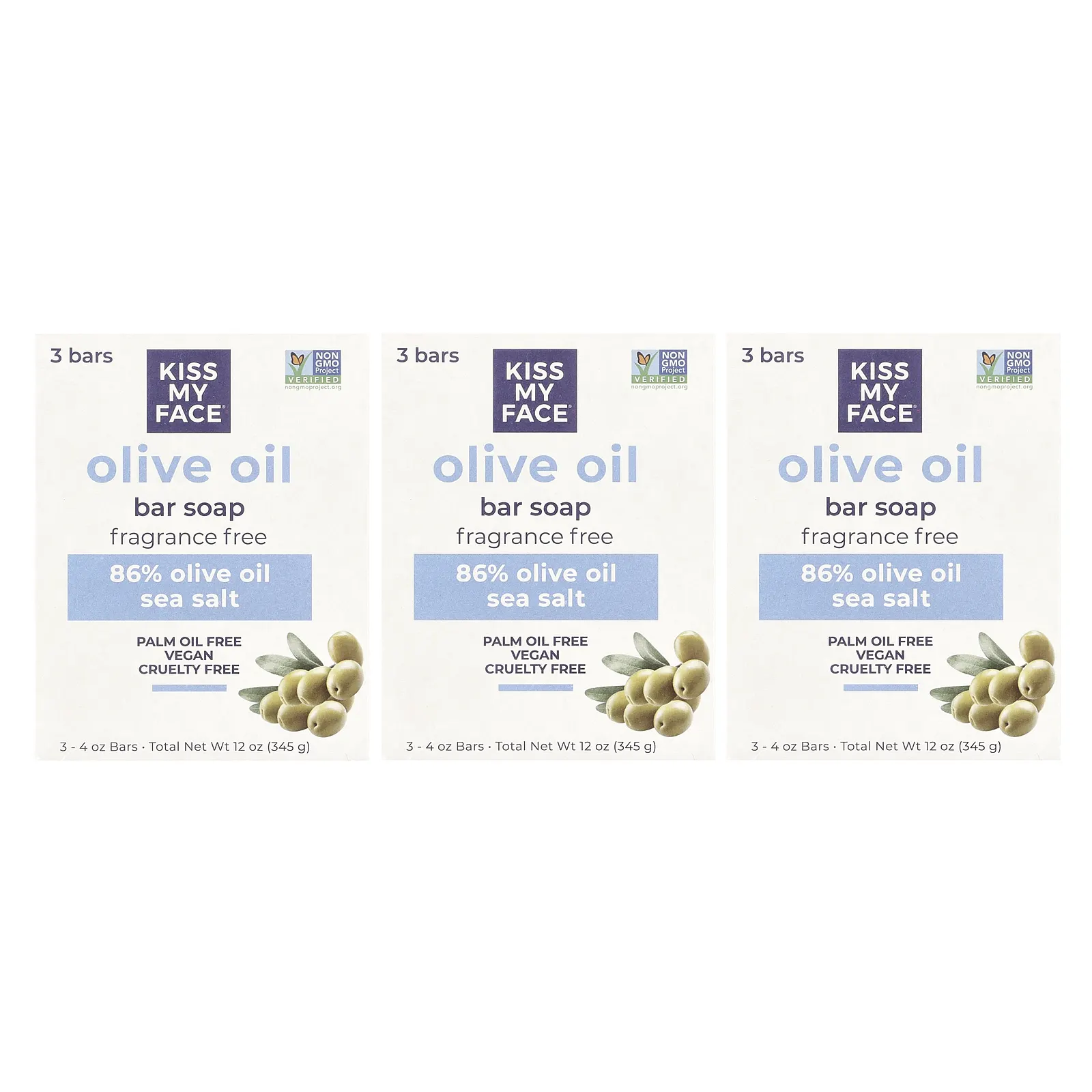 Kiss My Face, мыло с чистым оливковым маслом, без отдушек, 3 бруска по 115 г (4 унции) каждый