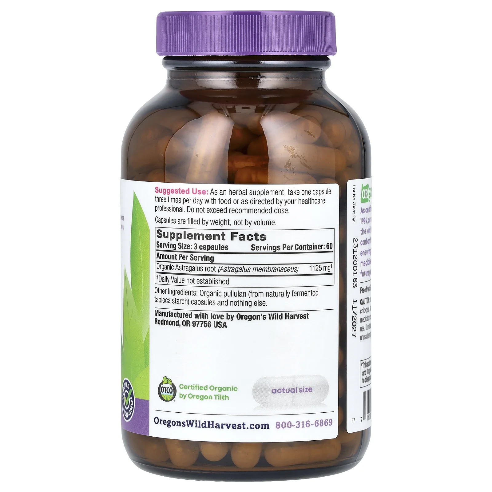 Oregon's Wild Harvest, органический астрагал, 180 органических веганских капсул