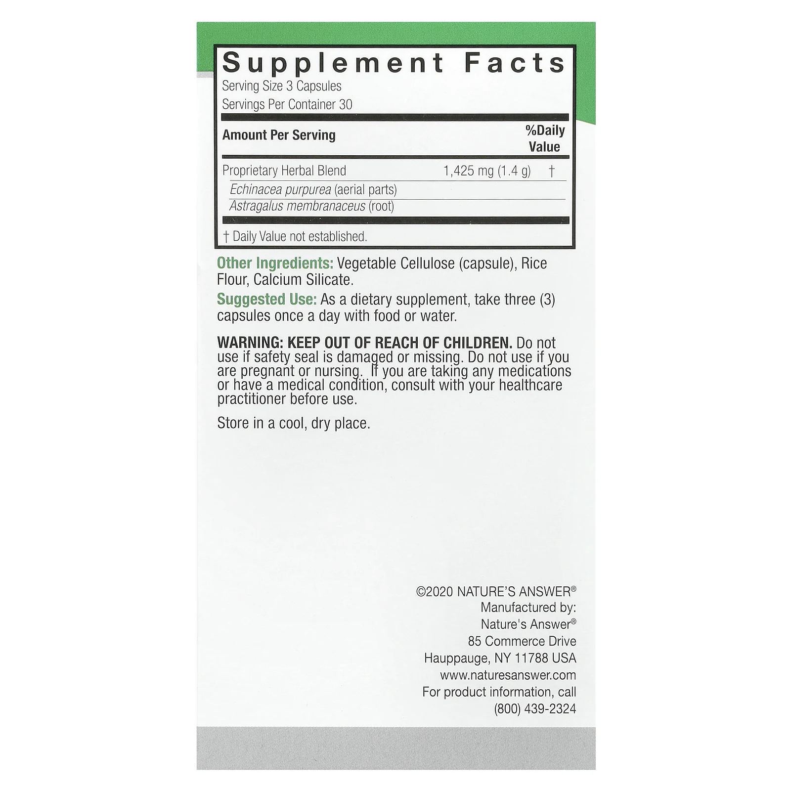 Nature's Answer, эхинацея и астрагал, 90 вегетарианских капсул
