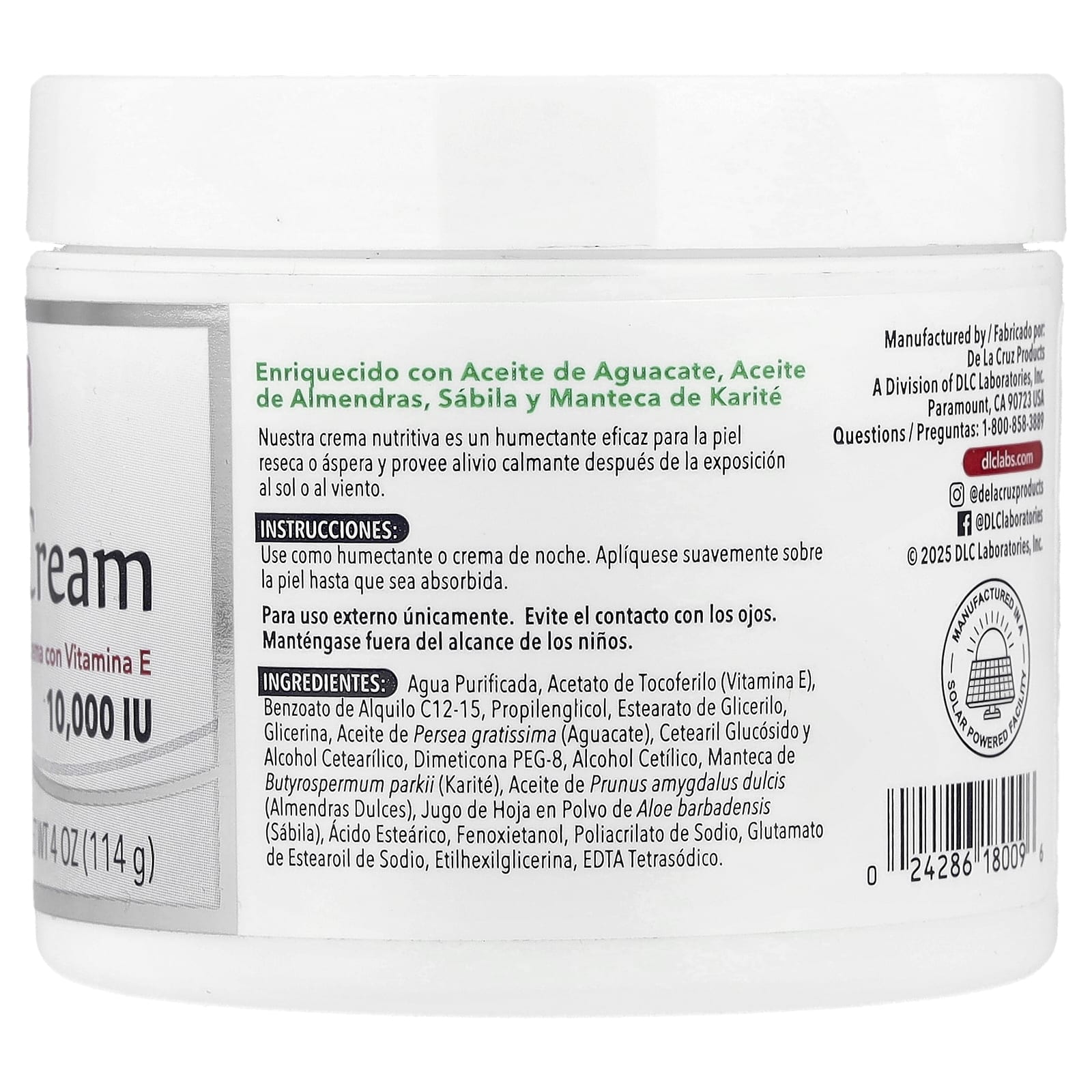 De La Cruz, Крем с витамином Е, без отдушек, 114 г (4 унции)