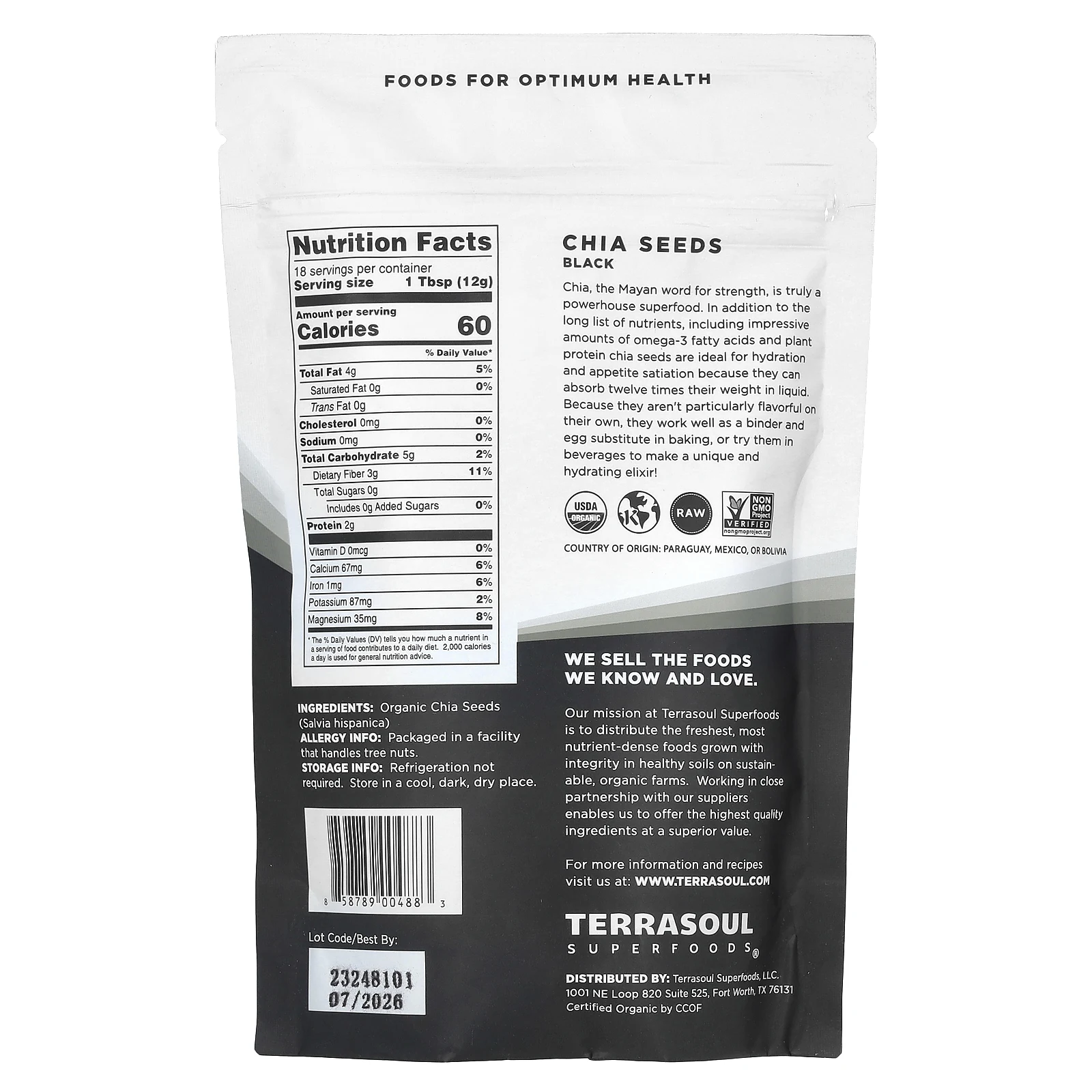 Terrasoul Superfoods, семена чиа, черные, 226 г (8 унций)