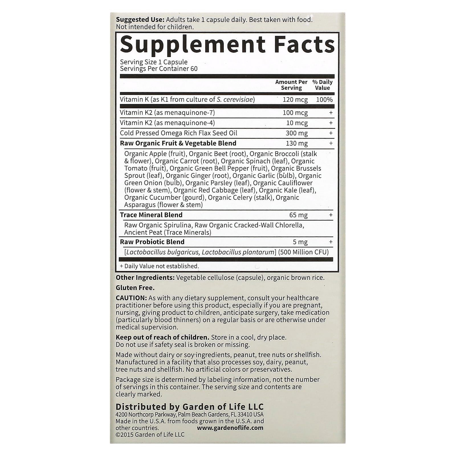 Garden of Life, Vitamin Code, Raw K-Complex, комплекс витаминов K, 60 веганских капсул