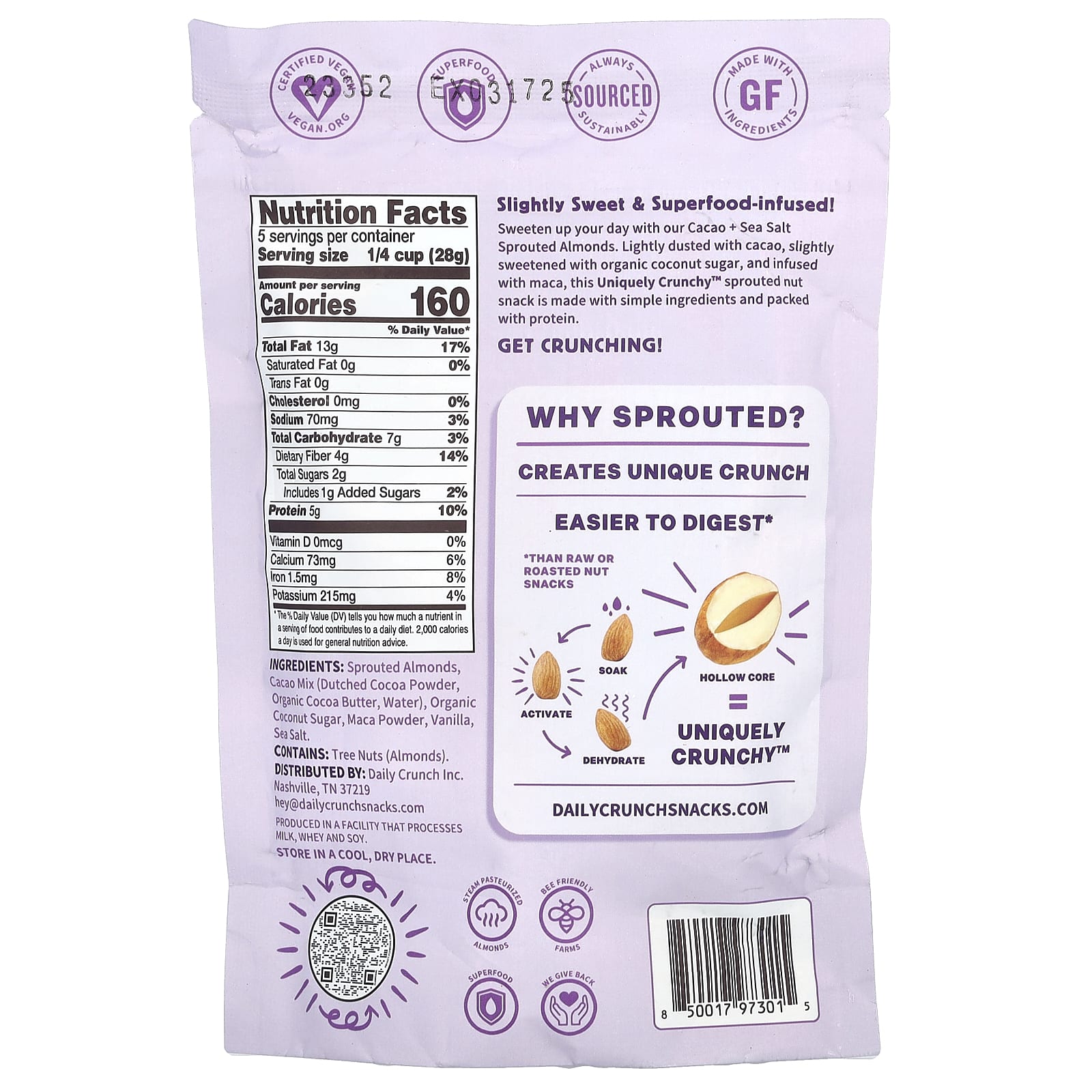 Daily Crunch, Проросший миндаль, какао и морская соль, 141 г (5 унций)